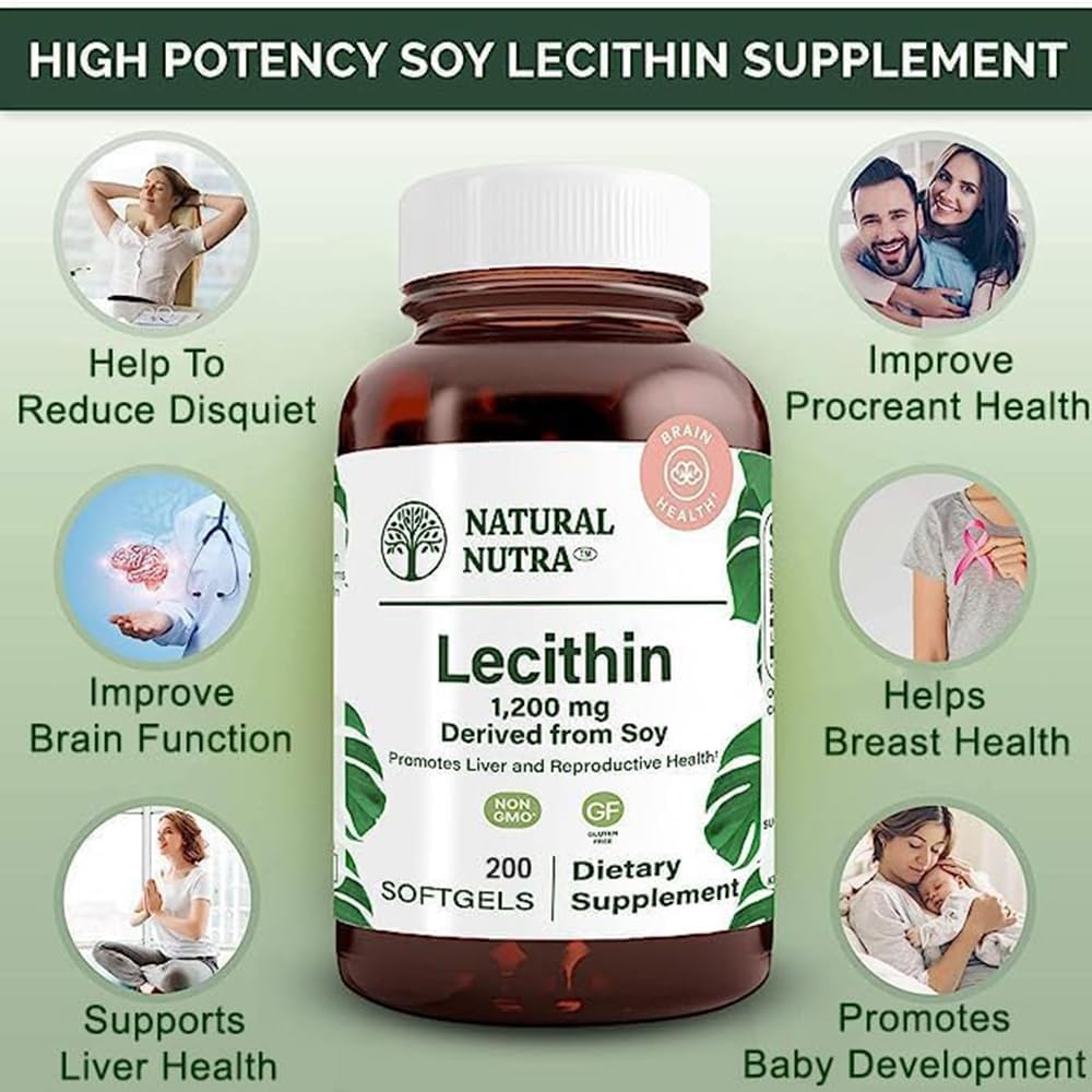 Organic Soy Lecithin Supplement 1200mg - Brain & Liver Support, Procreant Health Boost - Gluten & BPA Free, 200 Softgels