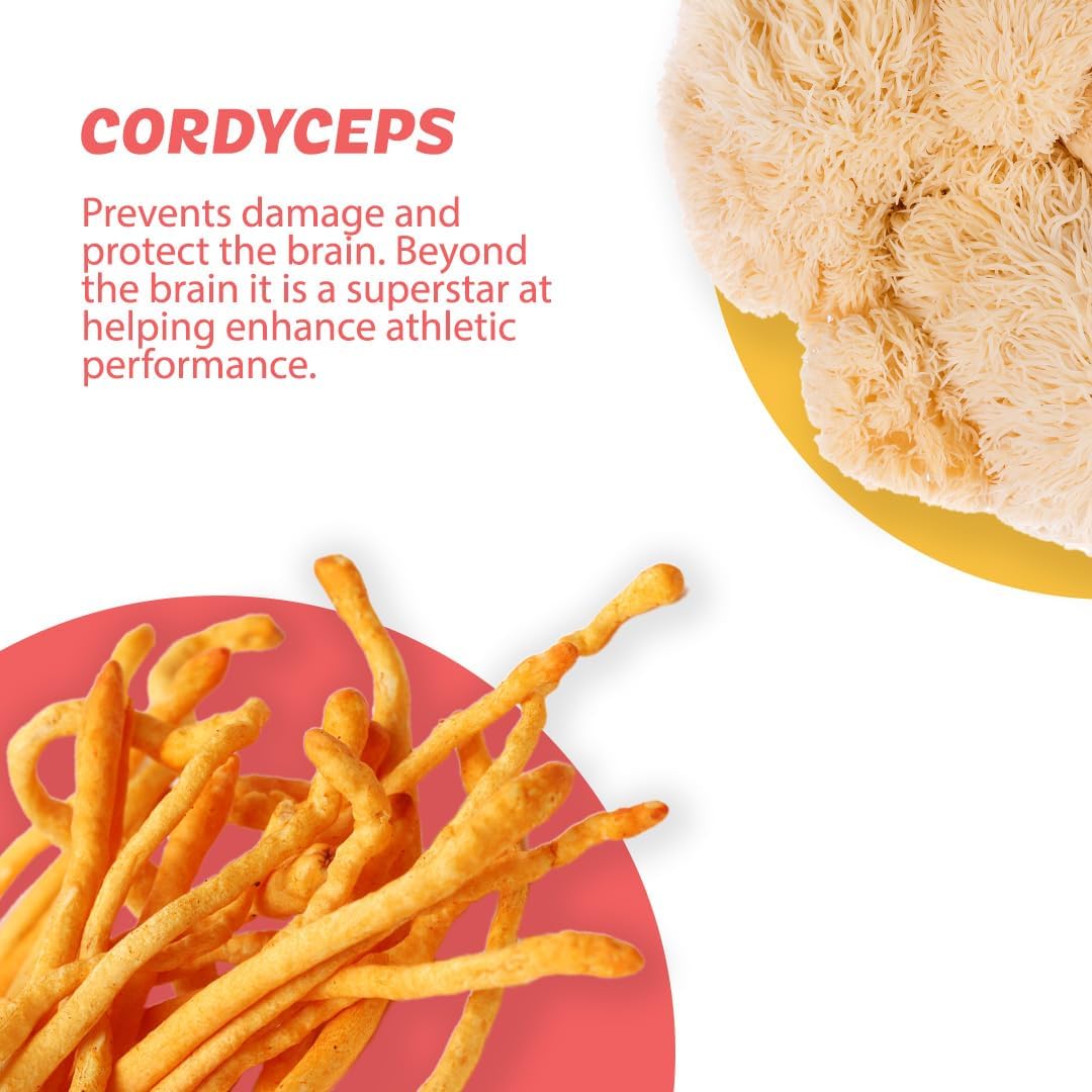 Organic Spicy Pineapple Nootropic Brain Supplement with Lion's Mane, Cordyceps, Reishi Mushrooms & Caffeine - 50 Servings