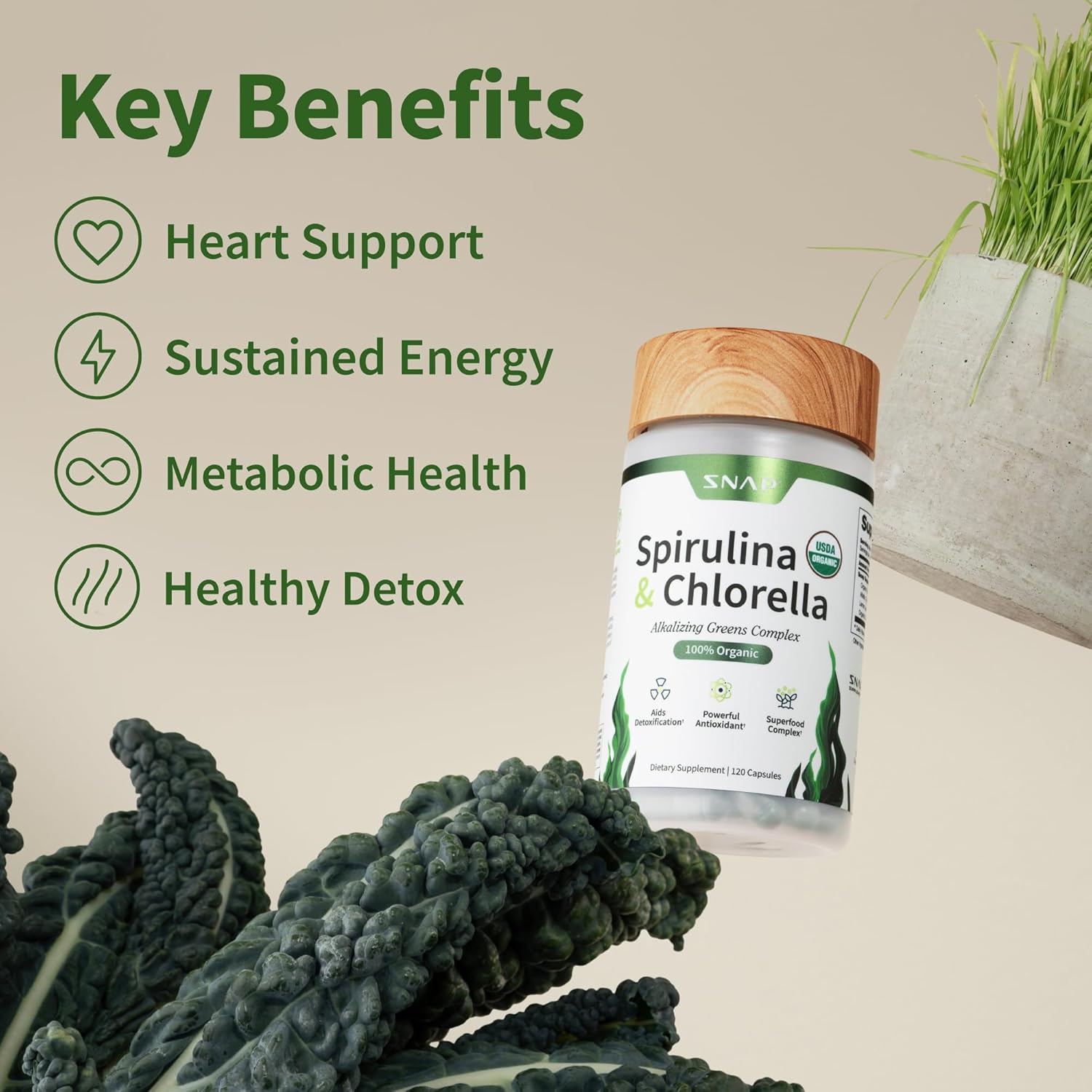 Organic Spirulina Chlorella Capsules - Natural Energy & Metabolic Health Boost, 120 Capsules