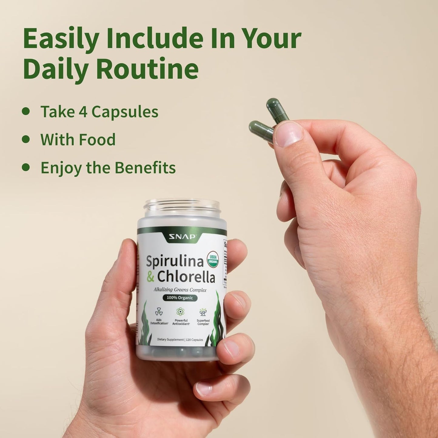 Organic Spirulina Chlorella Capsules - Natural Energy & Metabolic Health Boost, 120 Capsules