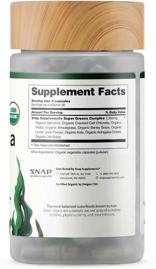 Organic Spirulina Chlorella Capsules - Natural Energy & Metabolic Health Boost, 120 Capsules