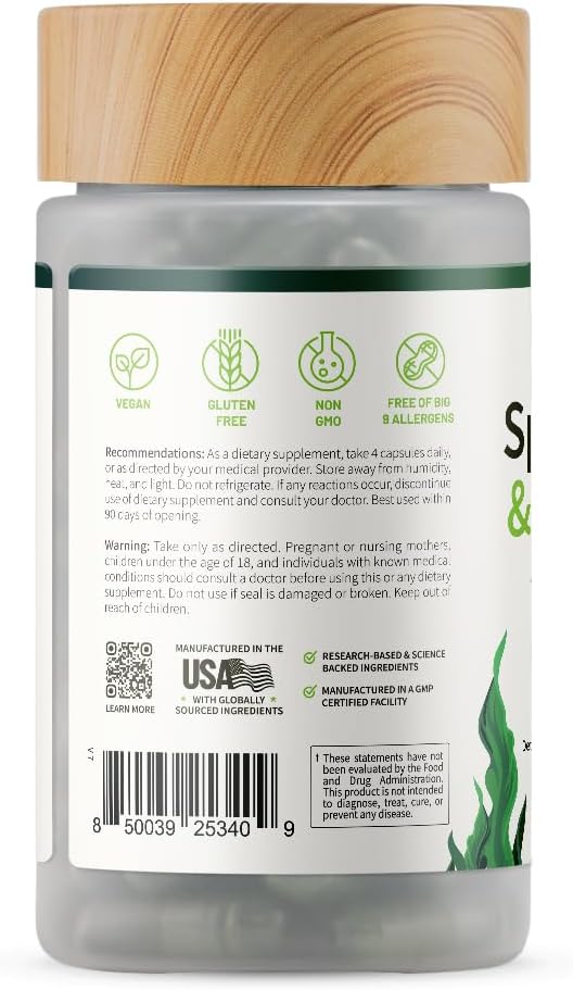 Organic Spirulina Chlorella Capsules - Natural Energy & Metabolic Health Boost, 120 Capsules