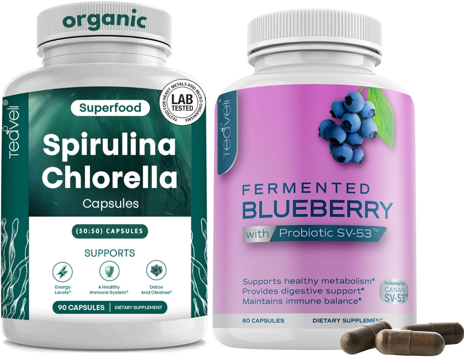 Organic Spirulina Chlorella Capsules with Fermented Blueberry - Superfood Supplement for Health and Wellness