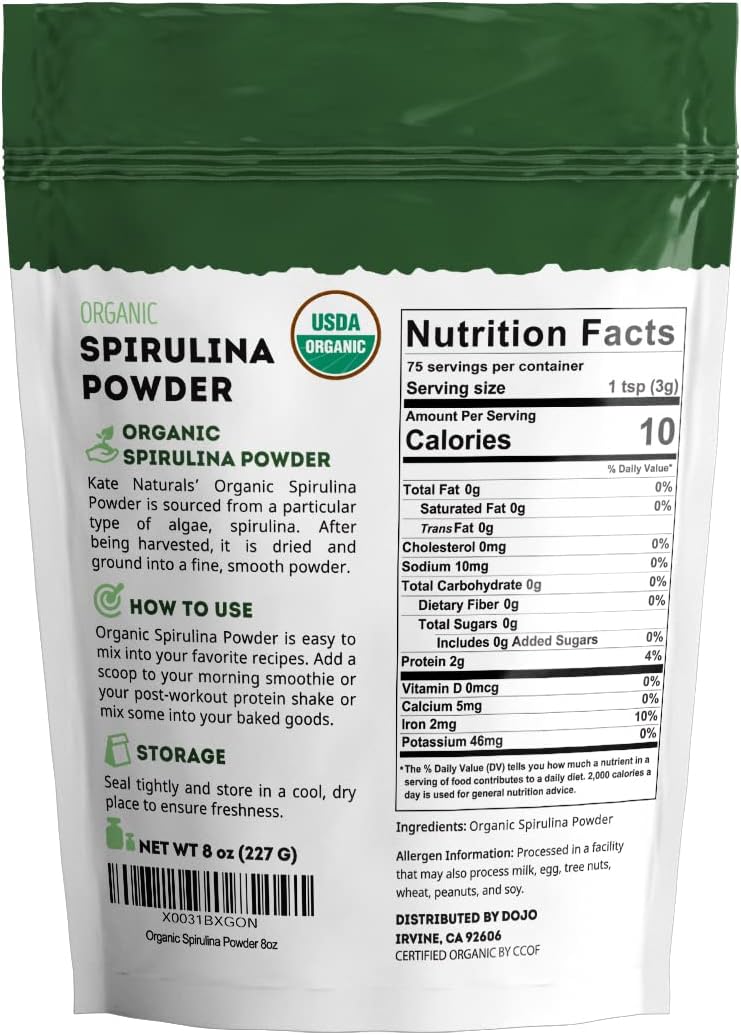 Organic Spirulina Powder - Immune Support & Antioxidants - Nutrient-Dense Superfood (8 oz, USDA Certified, Non-GMO, Gluten-Free)