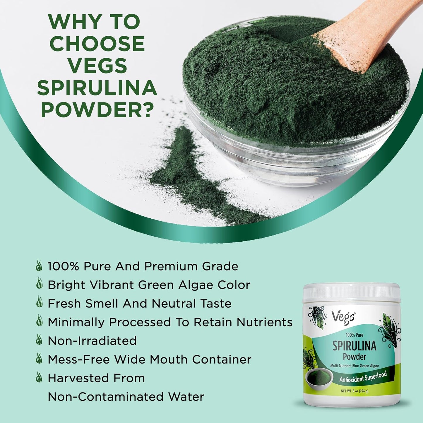 Organic Spirulina Powder - Plant-Based Superfood Blend with Antioxidants, Chlorophyll, Vitamins & Minerals - Energy & Immunity Support - Vegan, Non-GMO - 8 oz