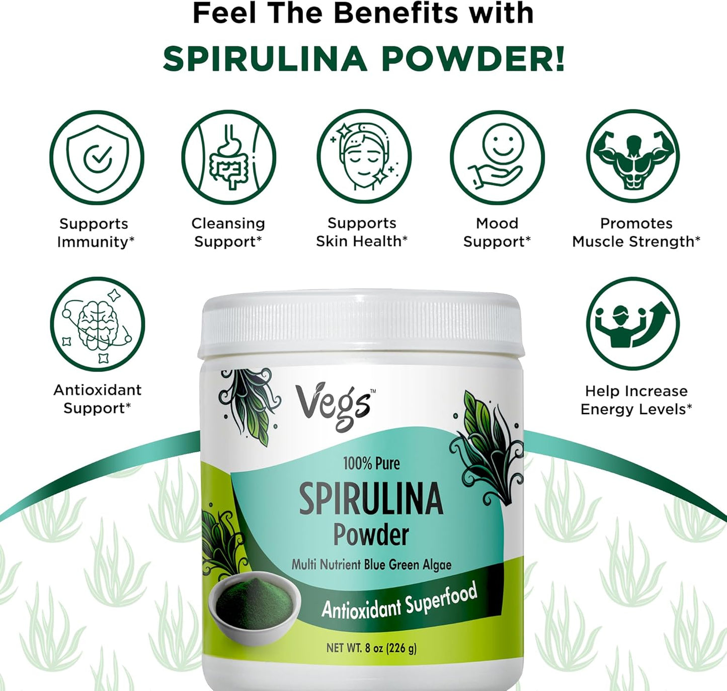 Organic Spirulina Powder - Plant-Based Superfood Blend with Antioxidants, Chlorophyll, Vitamins & Minerals - Energy & Immunity Support - Vegan, Non-GMO - 8 oz
