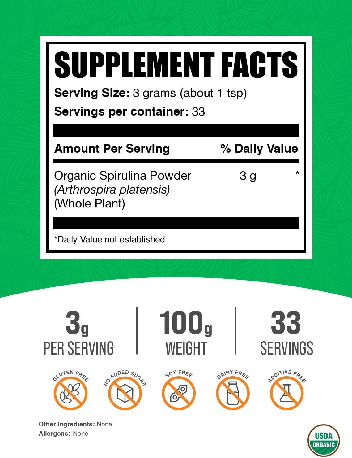 Organic Spirulina Powder - Vegan Superfood Supplement, Green Spirulina Powder, 3000mg per Serving, 100g - Bulk Size Pack