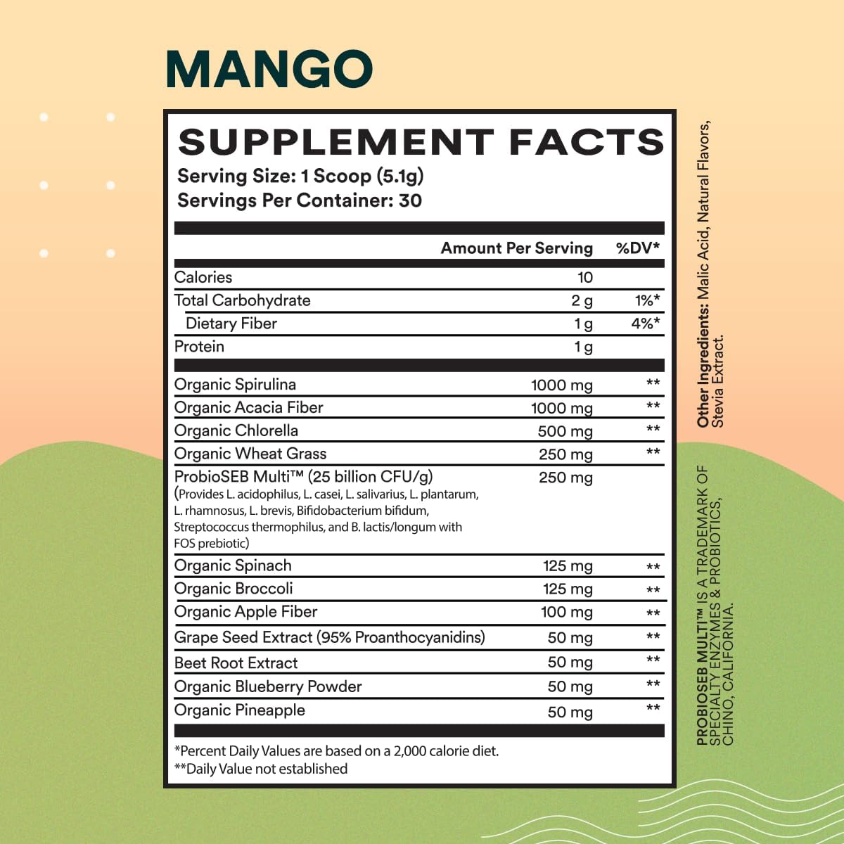 Organic Spirulina Superfood Powder with Antioxidant-Rich Ingredients for Energy & Digestion - Mango, 30 Servings