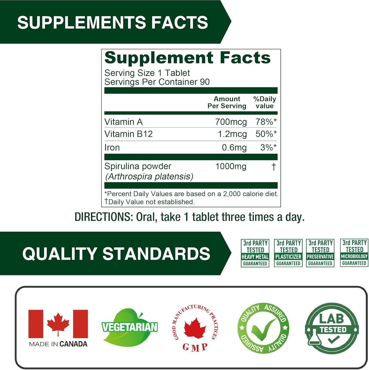 Organic Spirulina Tablets 1000mg - Natural Multivitamin Superfood, Vegan & Non-Irradiated - 90 Vegetarian Tablets