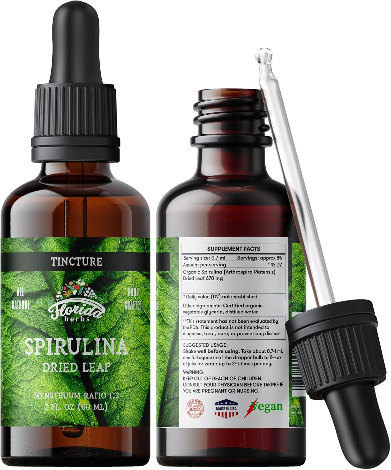 Organic Spirulina Tincture 700mg - Non-GMO Herbal Supplement in Organic Vegetable Glycerin - 2 oz Bottle
