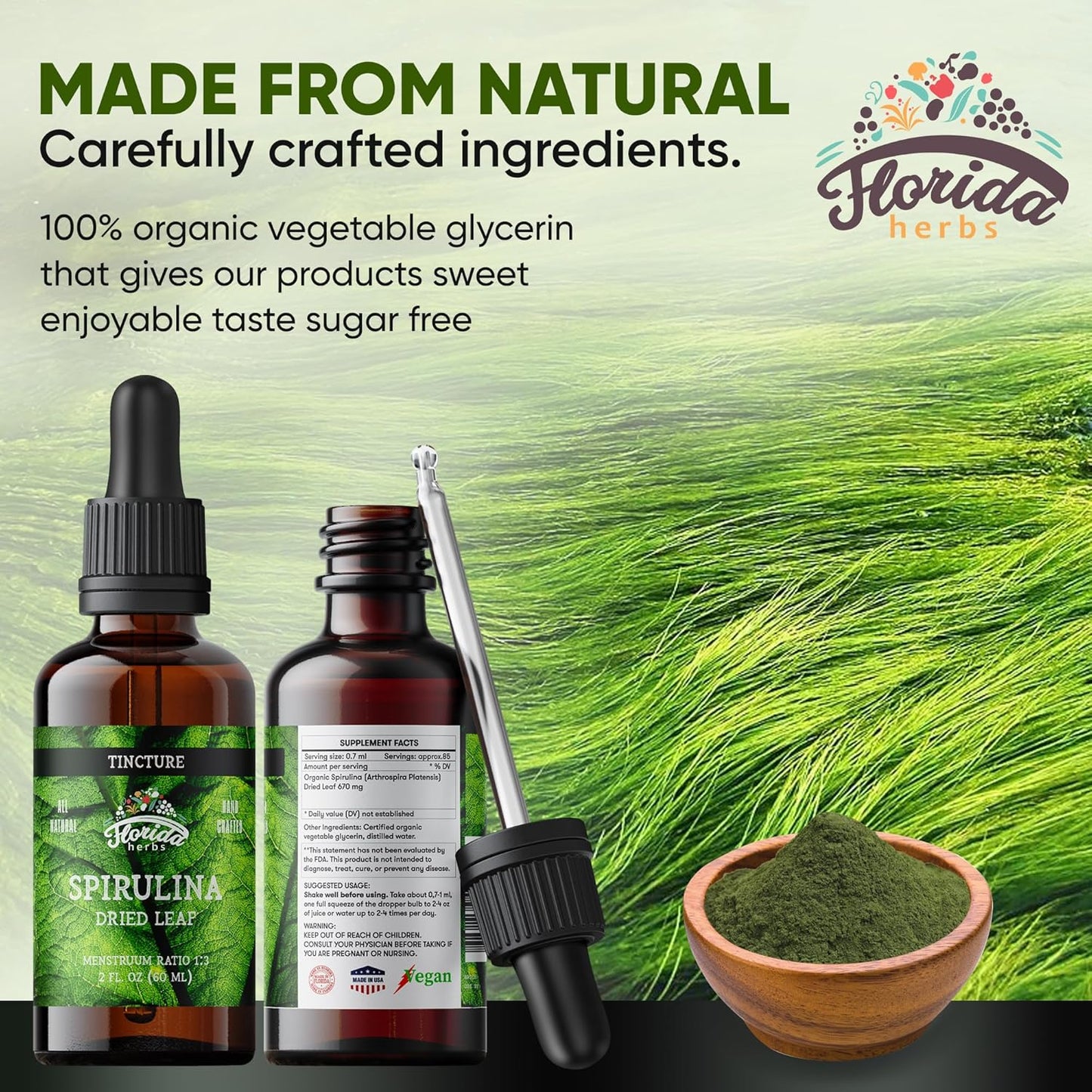 Organic Spirulina Tincture 700mg - Non-GMO Herbal Supplement in Organic Vegetable Glycerin - 2 oz Bottle