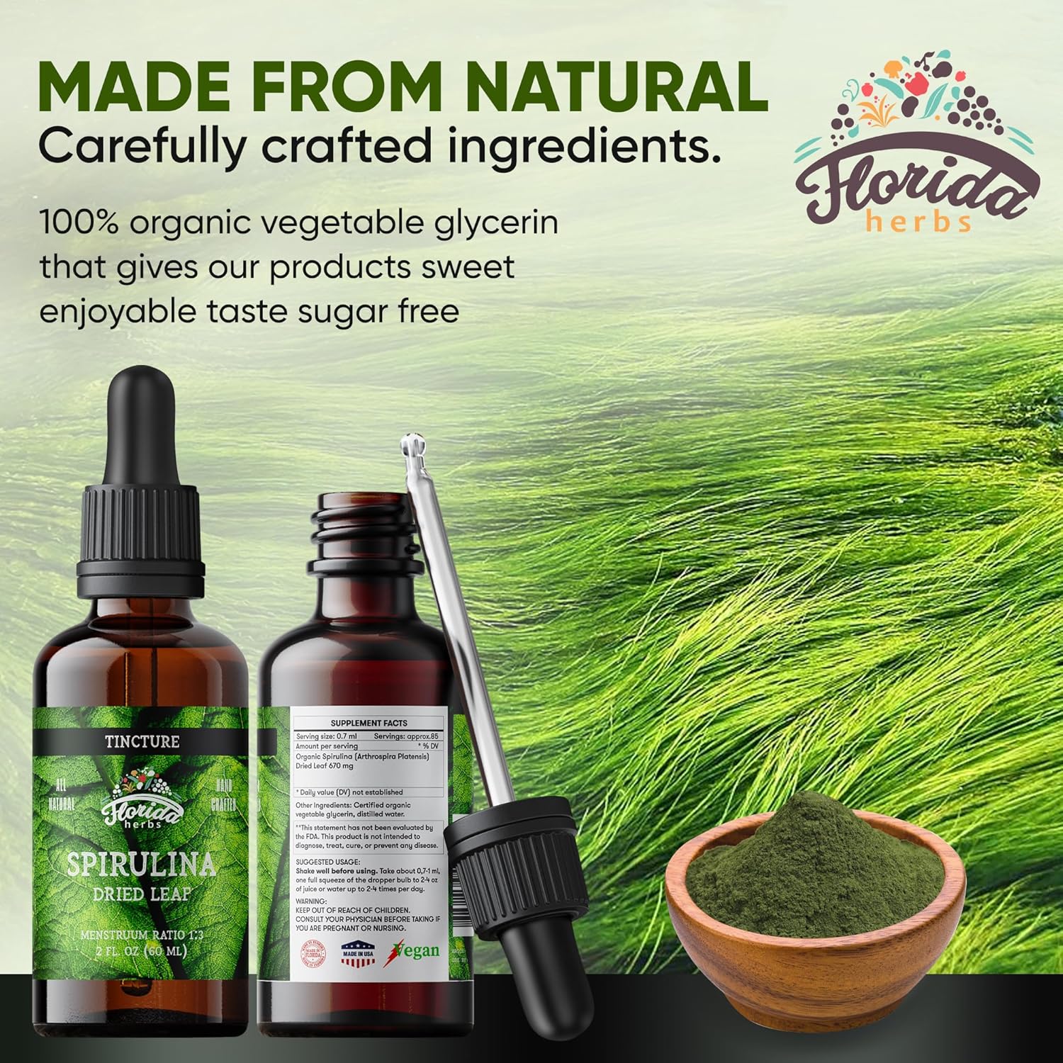 Organic Spirulina Tincture 700mg - Non-GMO Herbal Supplement in Organic Vegetable Glycerin - 2 oz Bottle