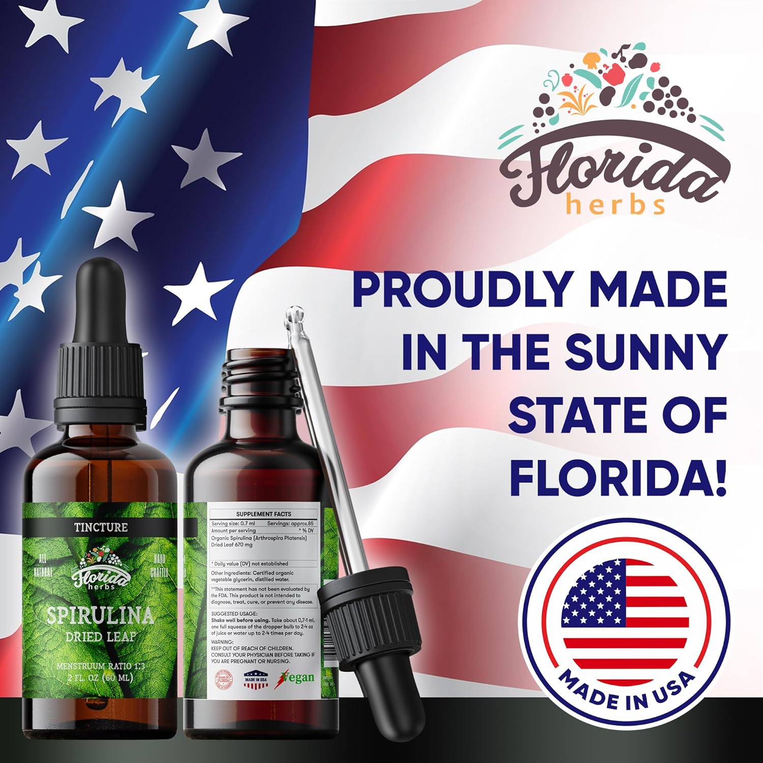 Organic Spirulina Tincture 700mg - Non-GMO Herbal Supplement in Organic Vegetable Glycerin - 2 oz Bottle