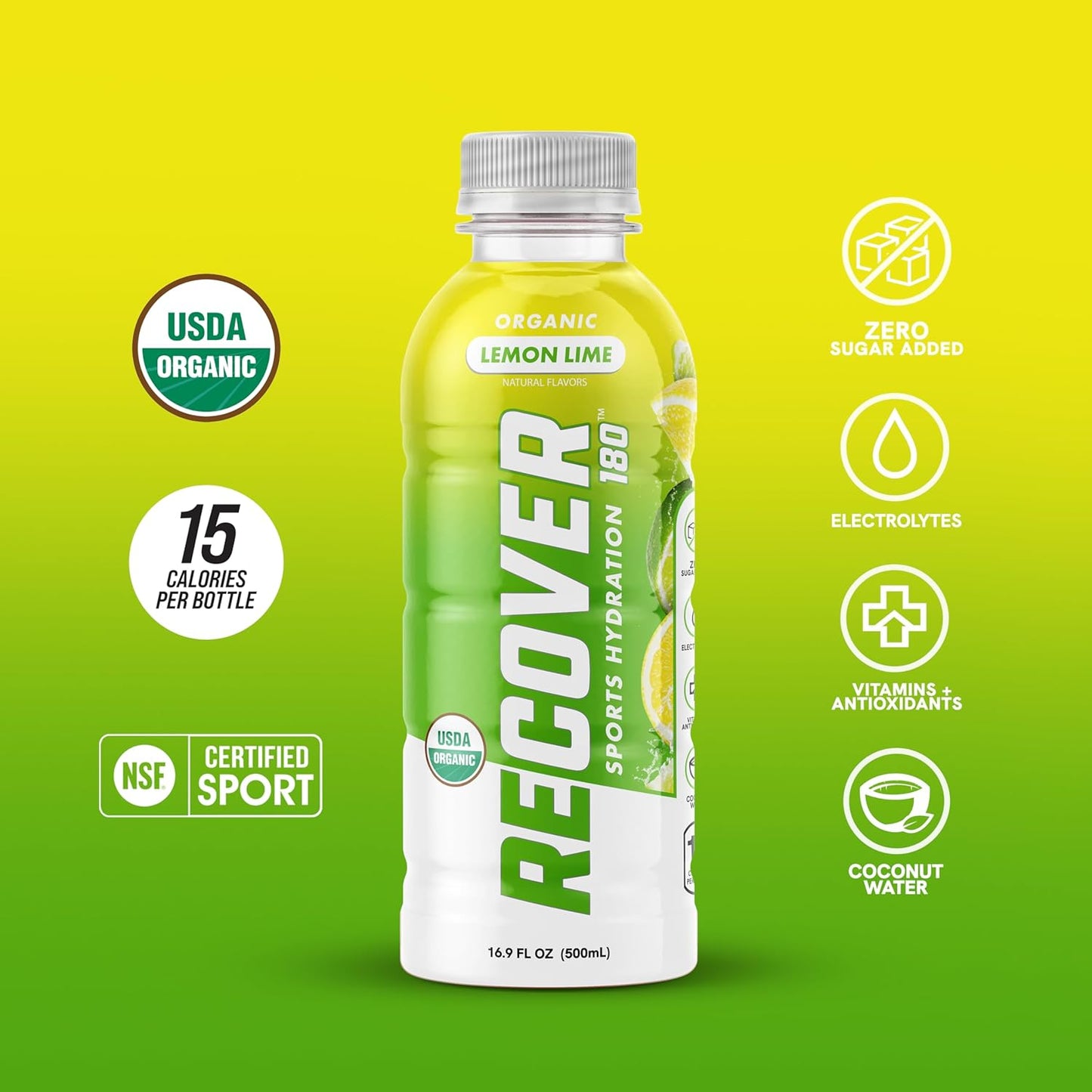 Organic Sports Hydration Drink with Electrolytes, Vitamins, No Added Sugar - 15 Calorie Beverage, Lemon Lime Flavor (16.9 Fl Oz, Pack of 12)