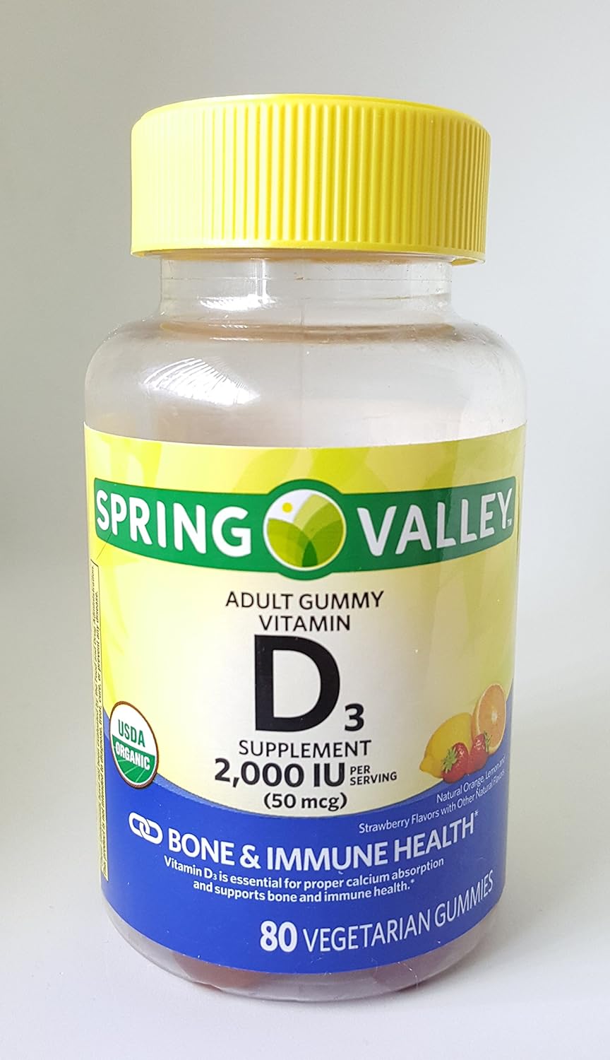 Organic Spring Valley Adult Gummy Vitamin D3 Supplement, 2000IU, 50mcg - 80 Vegetarian Gummies