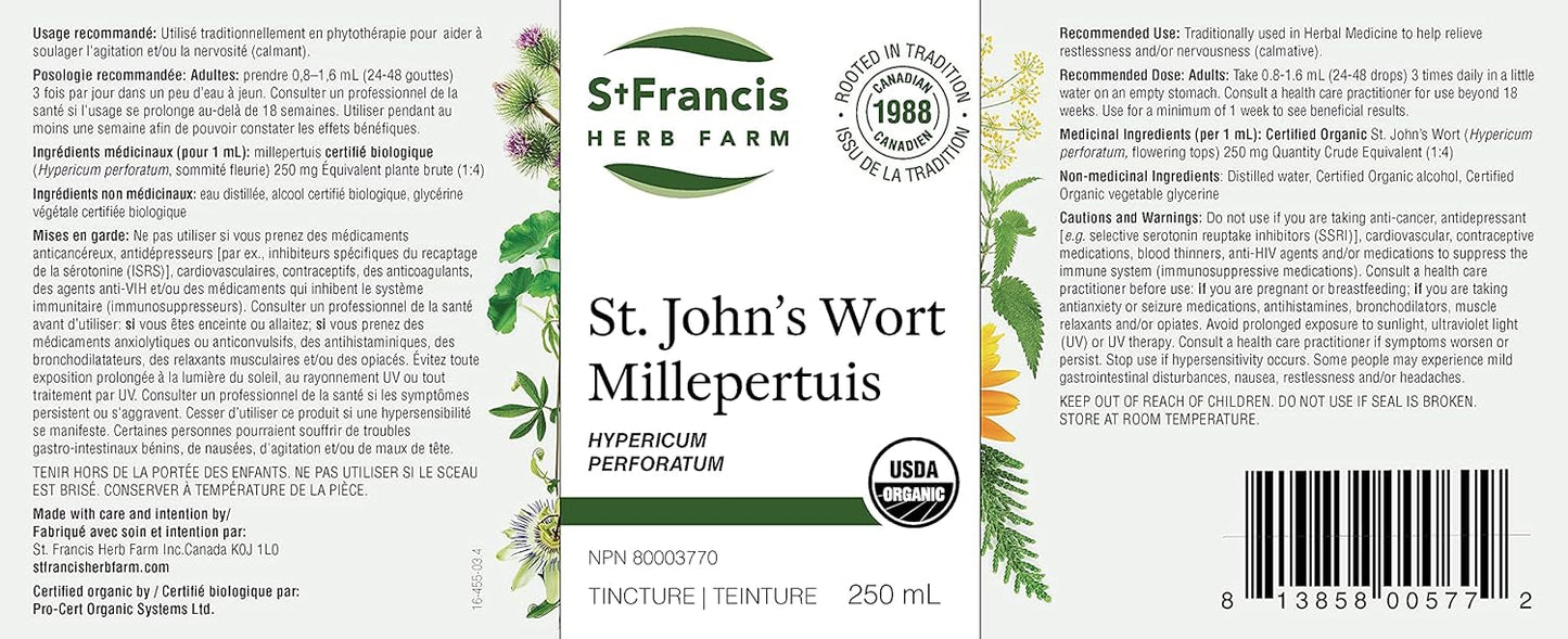 Organic St. John's Wort Herbal Tincture Liquid for Restlessness Relief | Traditional Sedative | Non-GMO | Lactose-Free | 250ml