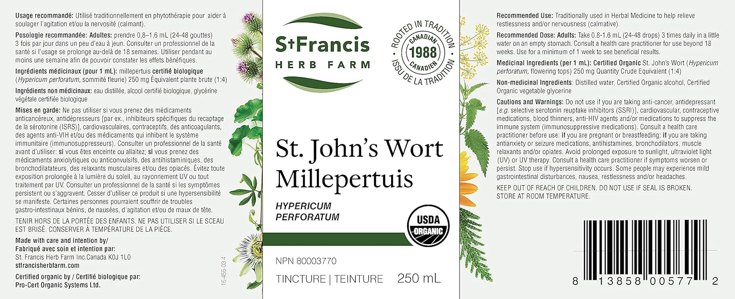 Organic St. John's Wort Herbal Tincture Liquid for Restlessness Relief | Traditional Sedative | Non-GMO | Lactose-Free | 250ml