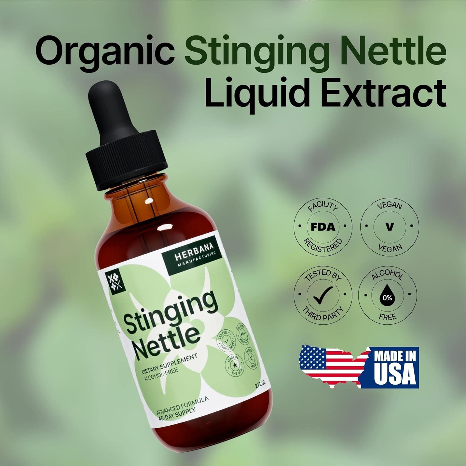 Organic Stinging Nettle Leaf and Root Liquid Extract - 2 fl oz - Herbal Urinary & Kidney Support - High Potency Supplement for Men and Women - 45-Day Supply