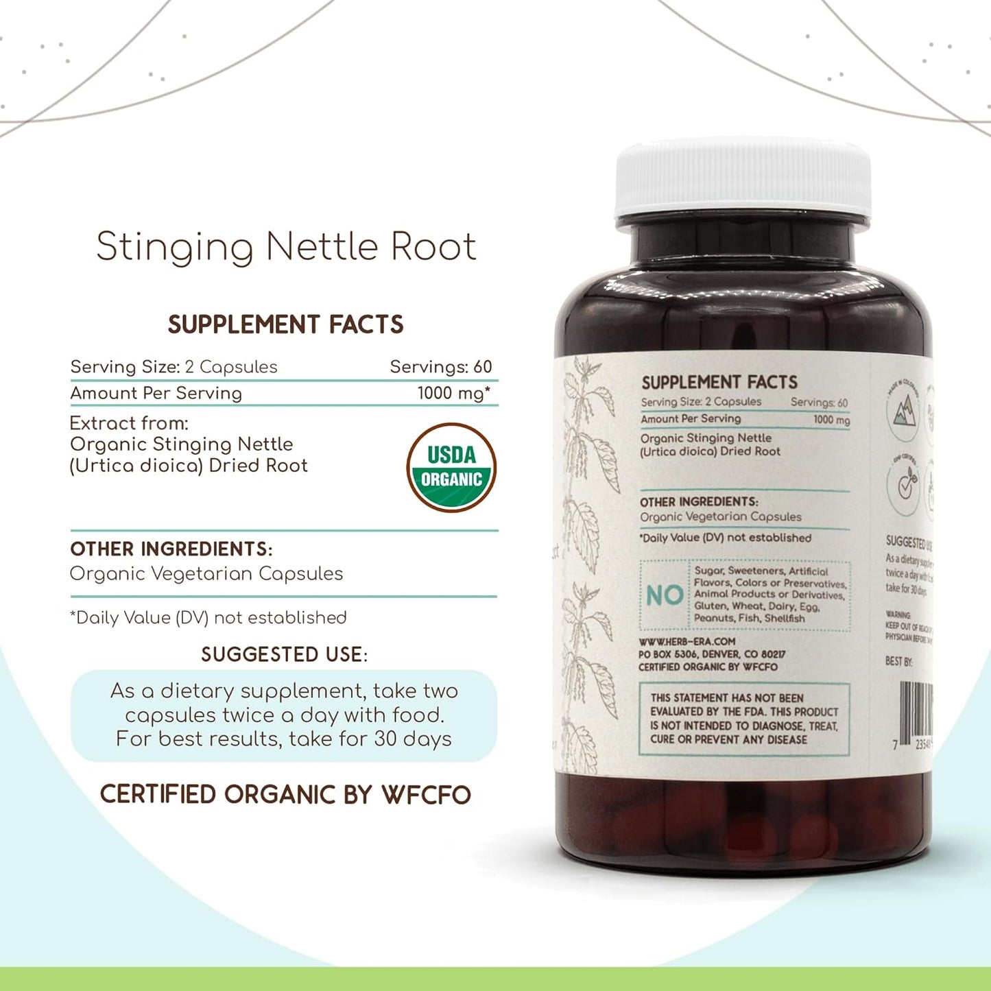 Organic Stinging Nettle Root Capsules - 500mg, 120ct - USDA Certified - HerbEra Urtica Dioica Supplement