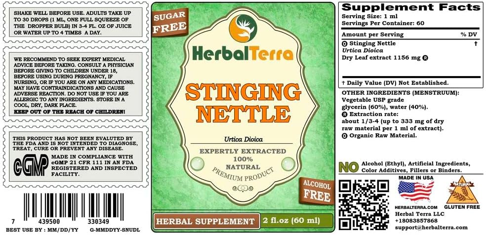 Organic Stinging Nettle (Urtica Dioica) Glycerite 2 oz - Alcohol-Free Liquid Extract by Herbal Terra LLC