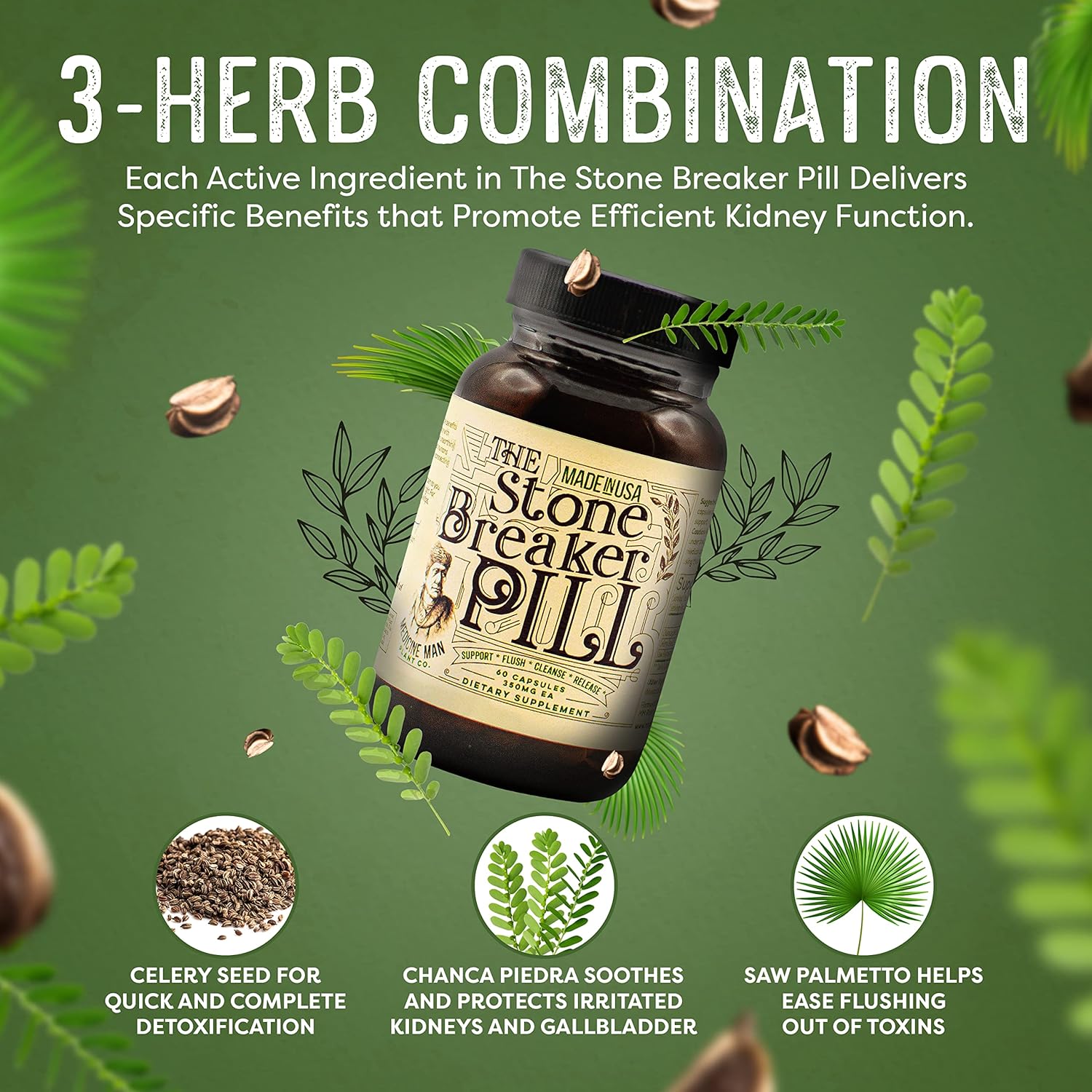 Organic Stone Breaker Pill - 60 Capsules for Kidney & Gallbladder with Chanca Piedra, Celery Seeds, Saw Palmetto - Herbal Supplement for Stones