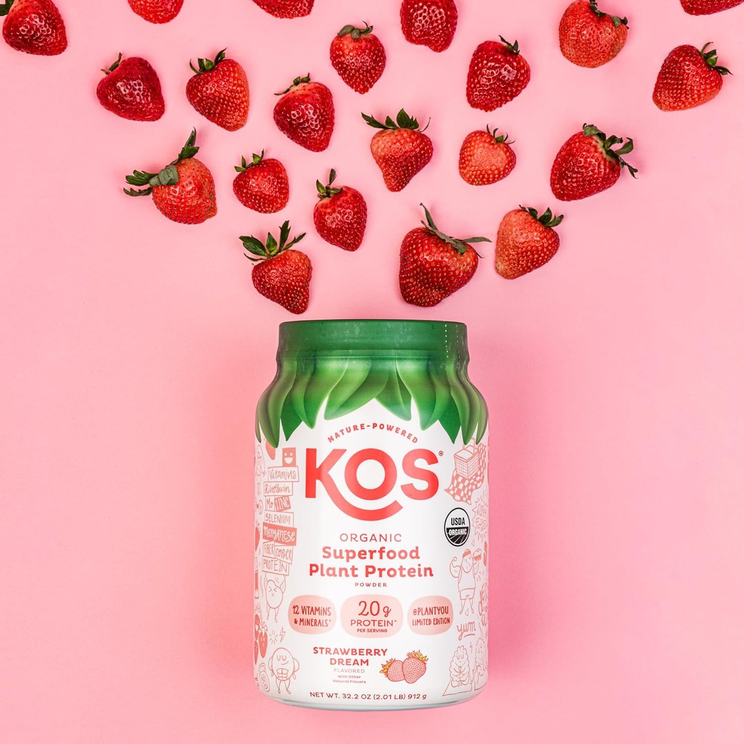 Organic Strawberry Dream Plant Protein Powder - Vegan Superfood Rich in Vitamins & Minerals for Men & Women - Dairy, Soy, Gluten Free - 24 Servings