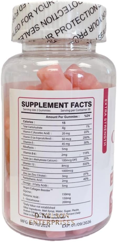 Organic Strawberry Flavor Glow Gummies with Glutathione & Collagen for Radiant Skin, 60 Chewables