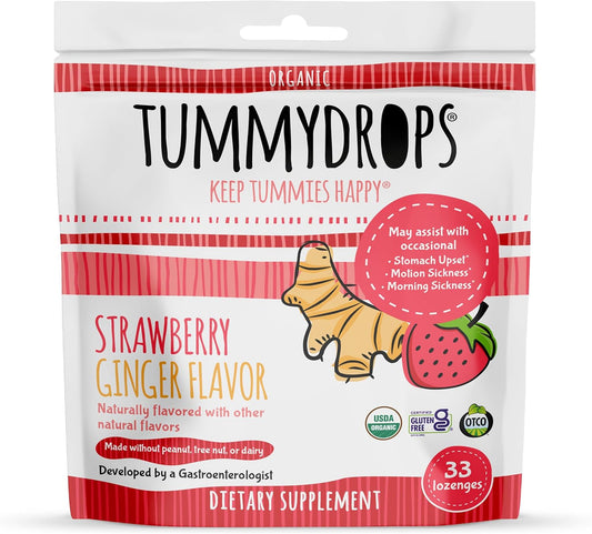 Organic Strawberry Ginger Tummydrops - Gluten Free, Vegan Lozenges (33 Individually Wrapped)