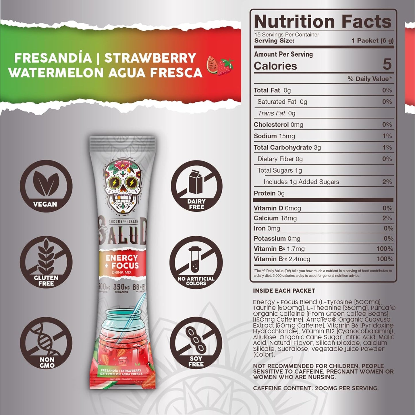 Organic Strawberry Watermelon Energy Drink Powder with Focus and Clean Ingredients - 15 Servings of Salud Salud 2-in-1 Mix