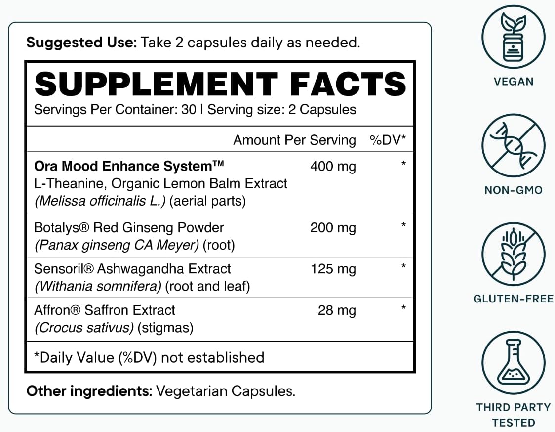 Organic Stress Relief Supplement for Calm & Mental Focus - Sensoril Ashwagandha, Saffron, Ginseng - 60 Capsules