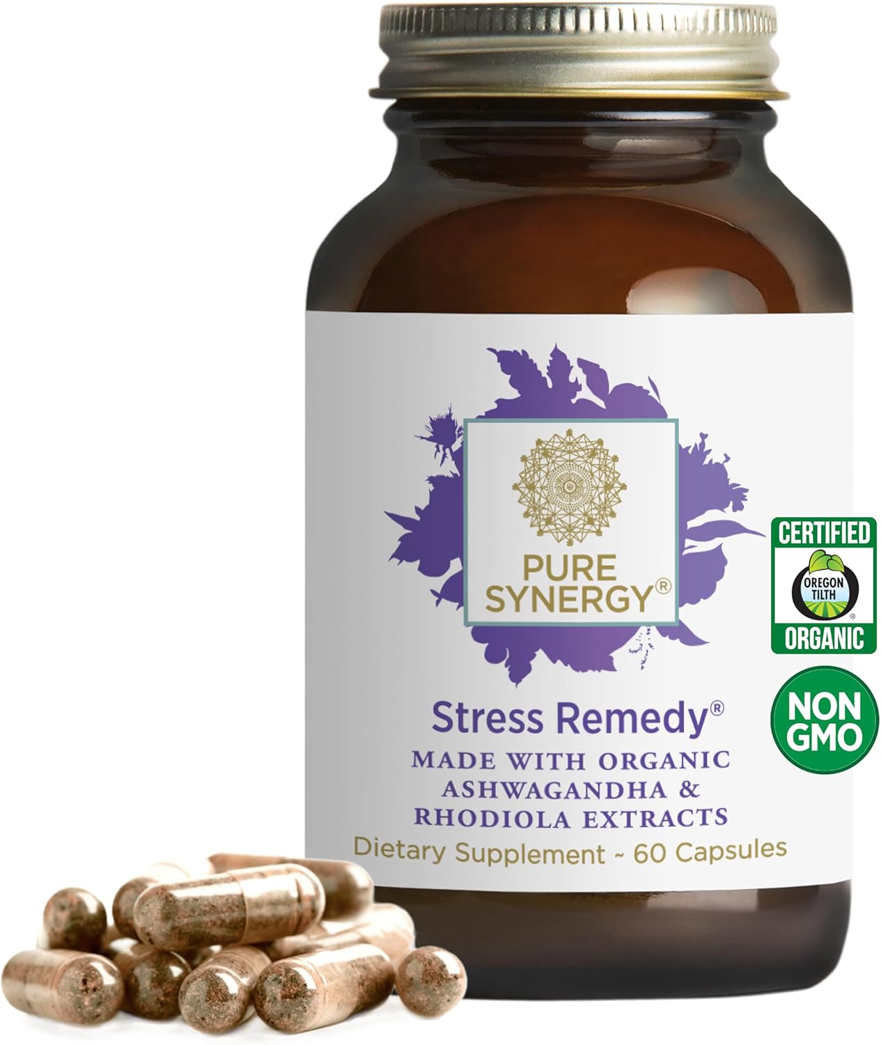 Organic Stress Relief Supplement with Ashwagandha, Rhodiola, Lemon Balm, and Holy Basil - Supports Adrenal Health, Mood, and Stress - 60 Capsules