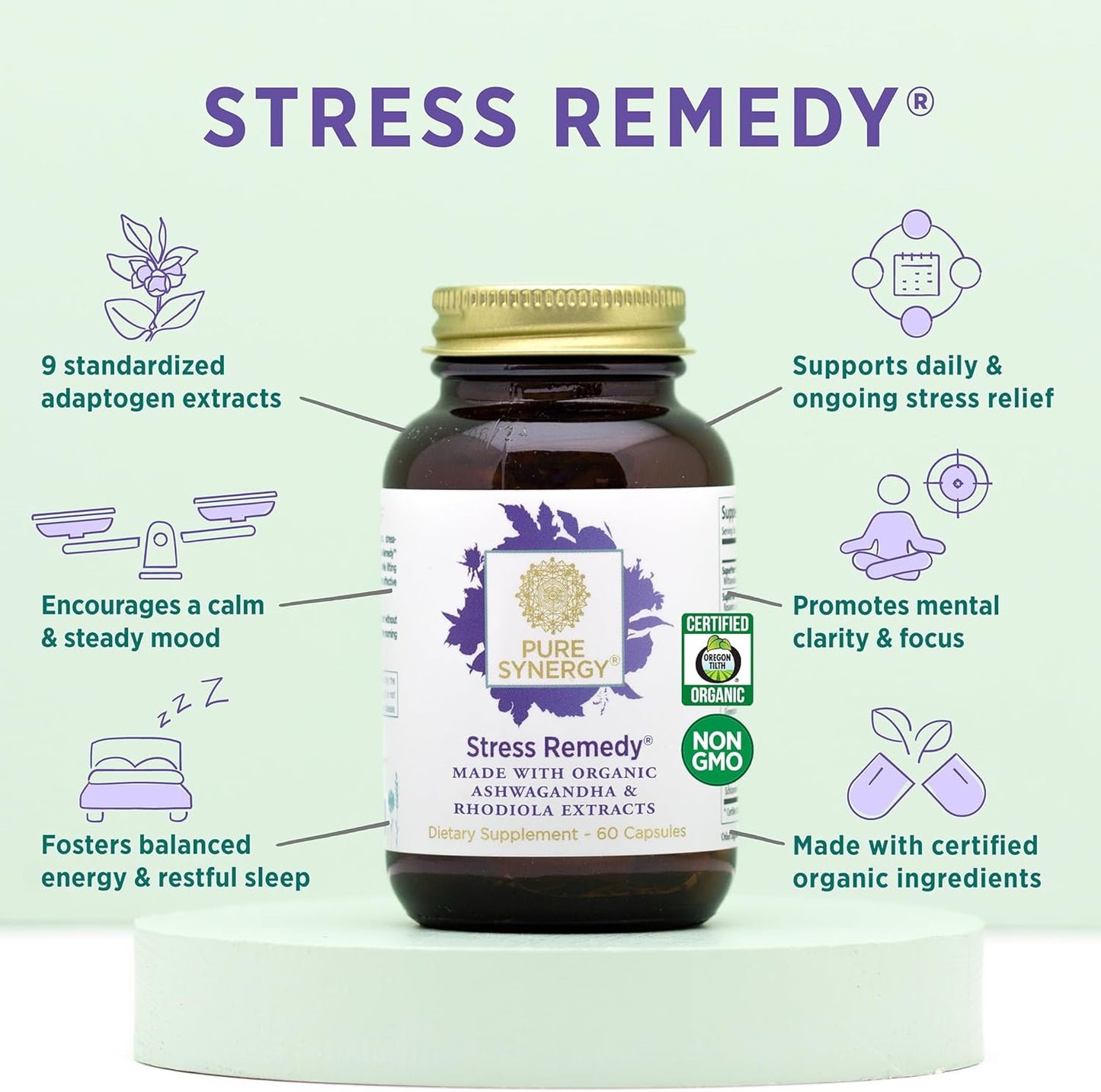 Organic Stress Relief Supplement with Ashwagandha, Rhodiola, Lemon Balm, and Holy Basil - Supports Adrenal Health, Mood, and Stress - 60 Capsules