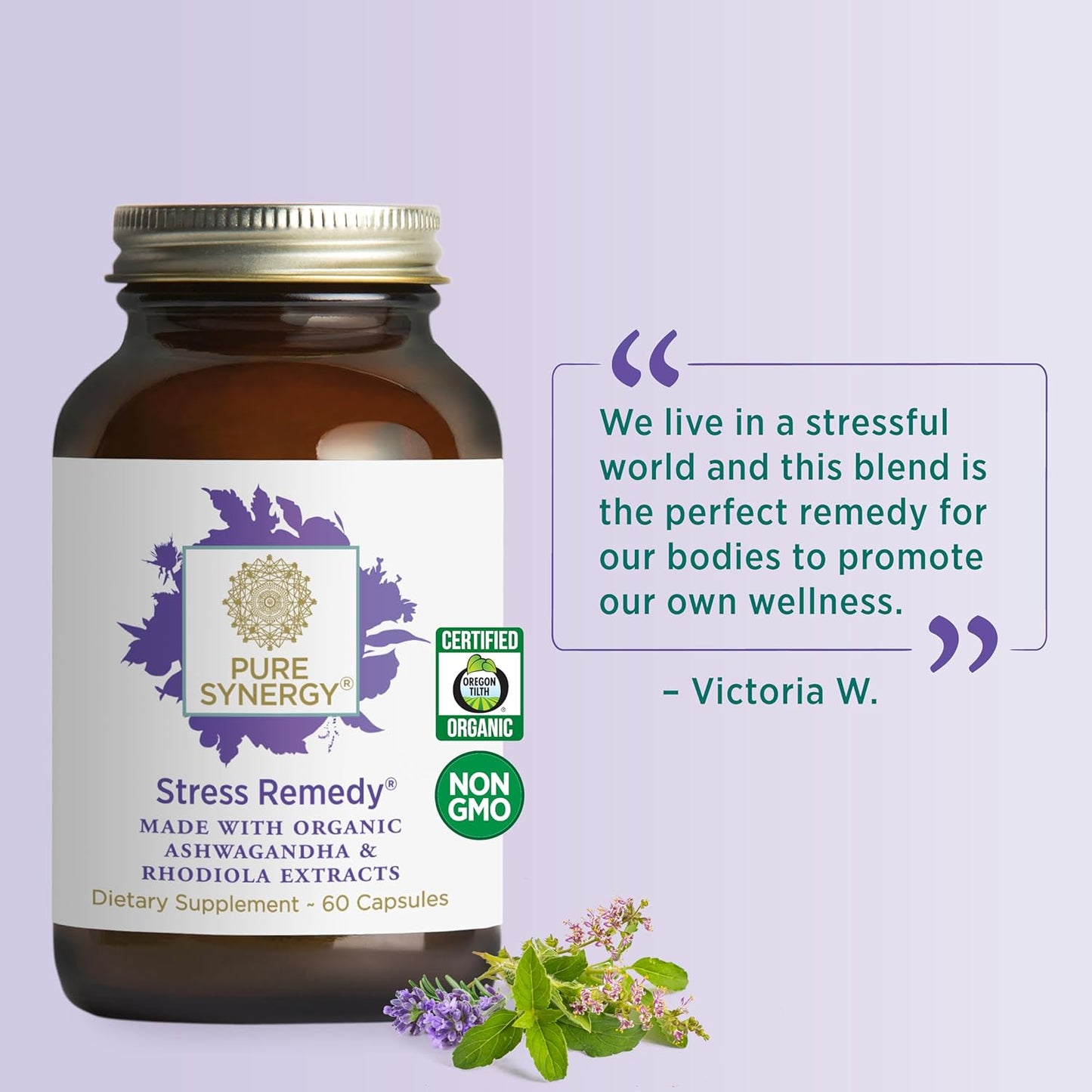 Organic Stress Relief Supplement with Ashwagandha, Rhodiola, Lemon Balm, and Holy Basil - Supports Adrenal Health, Mood, and Stress - 60 Capsules