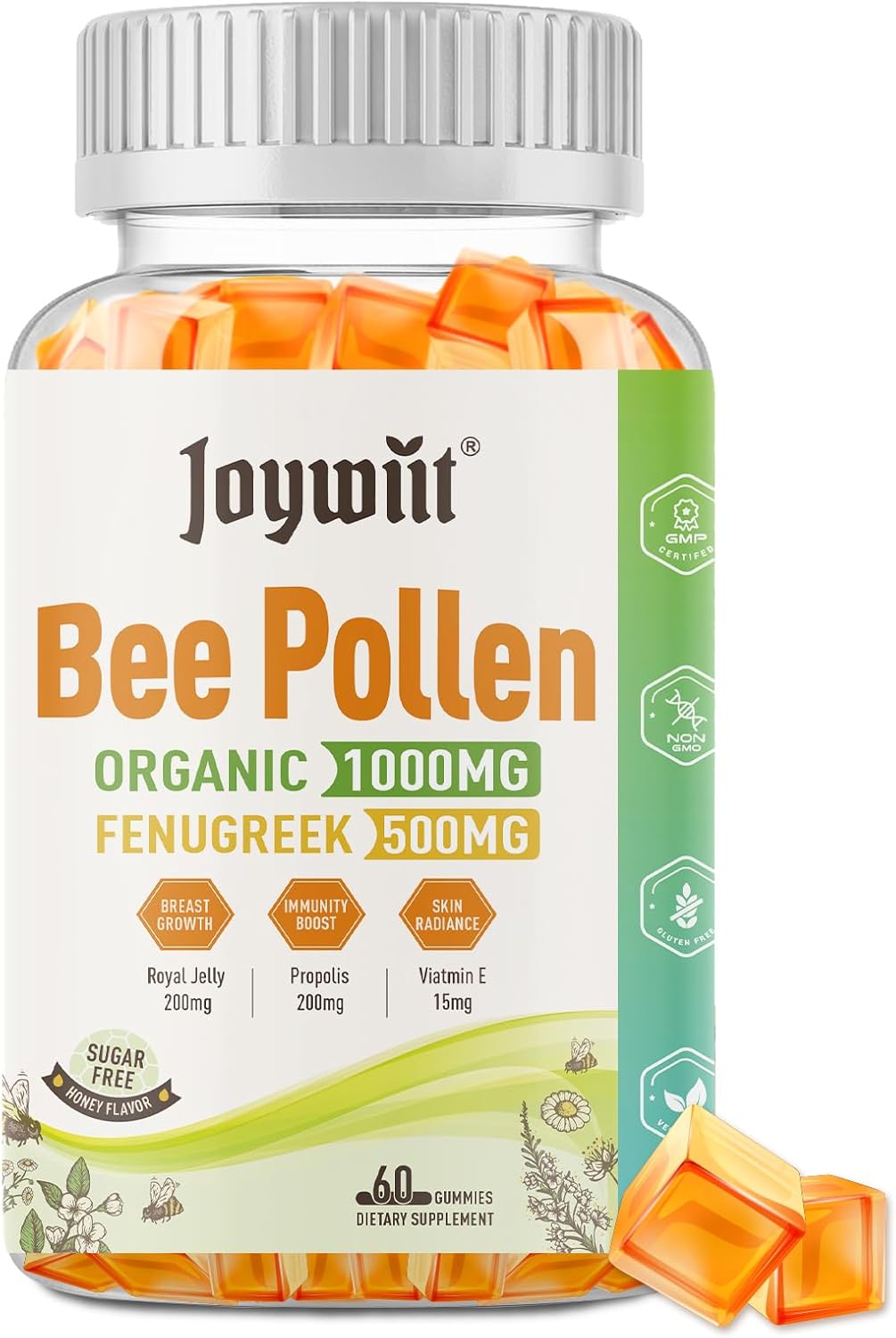 Organic Sugar-Free Bee Pollen Gummies 1000mg for Women - Breast Growth Support with Fenugreek, Royal Jelly, Propolis - Rich in Vitamin E for Immunity & Skin Care