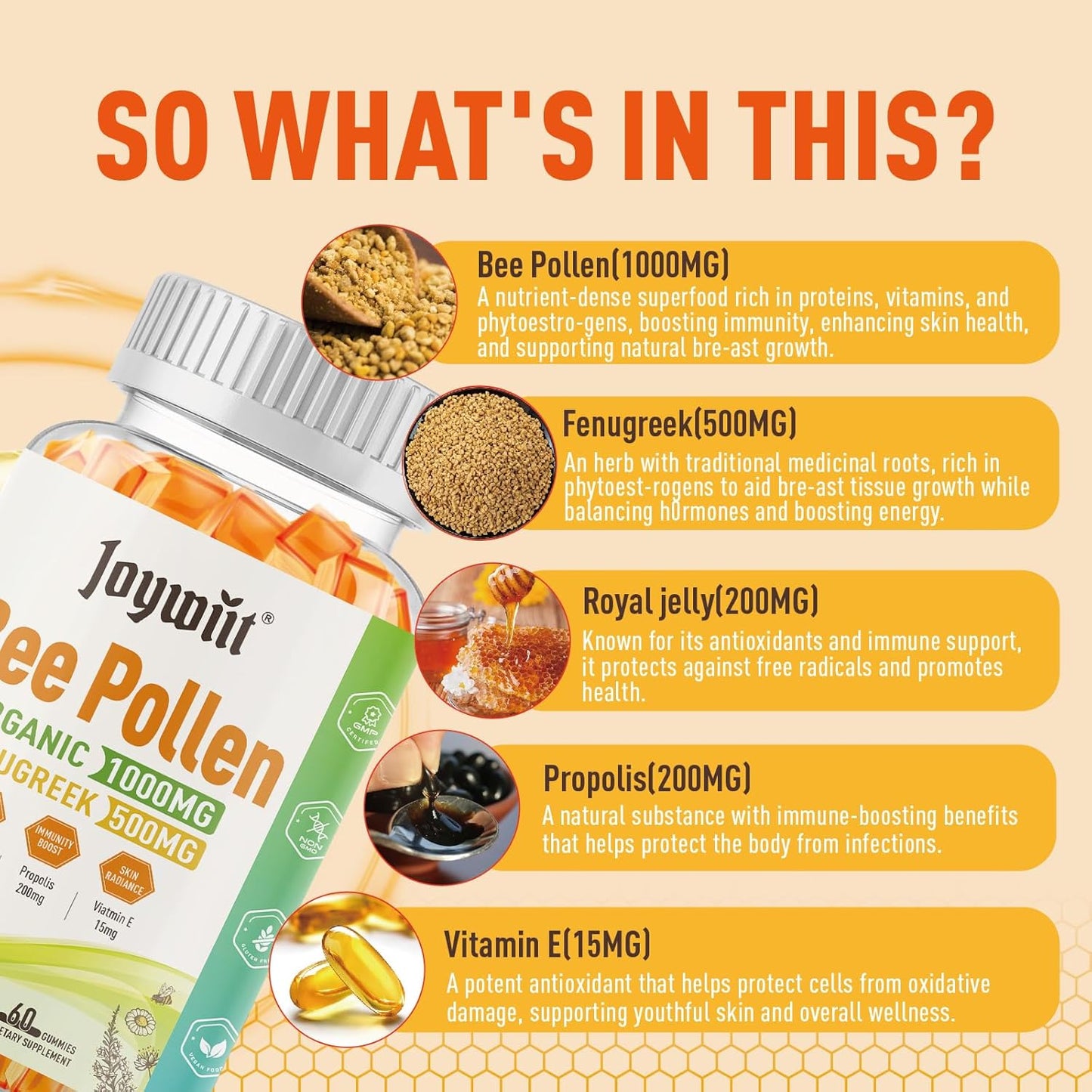 Organic Sugar-Free Bee Pollen Gummies 1000mg for Women - Breast Growth Support with Fenugreek, Royal Jelly, Propolis - Rich in Vitamin E for Immunity & Skin Care