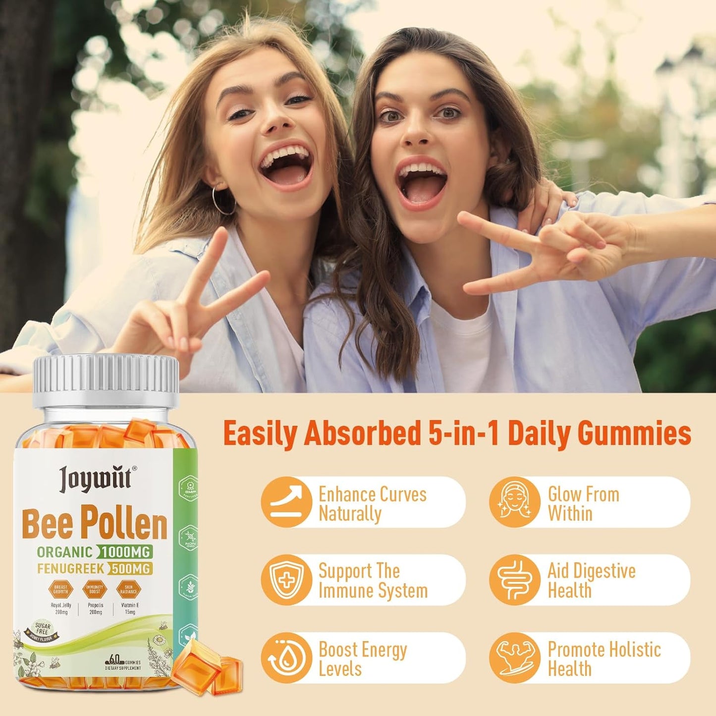 Organic Sugar-Free Bee Pollen Gummies 1000mg for Women - Breast Growth Support with Fenugreek, Royal Jelly, Propolis - Rich in Vitamin E for Immunity & Skin Care