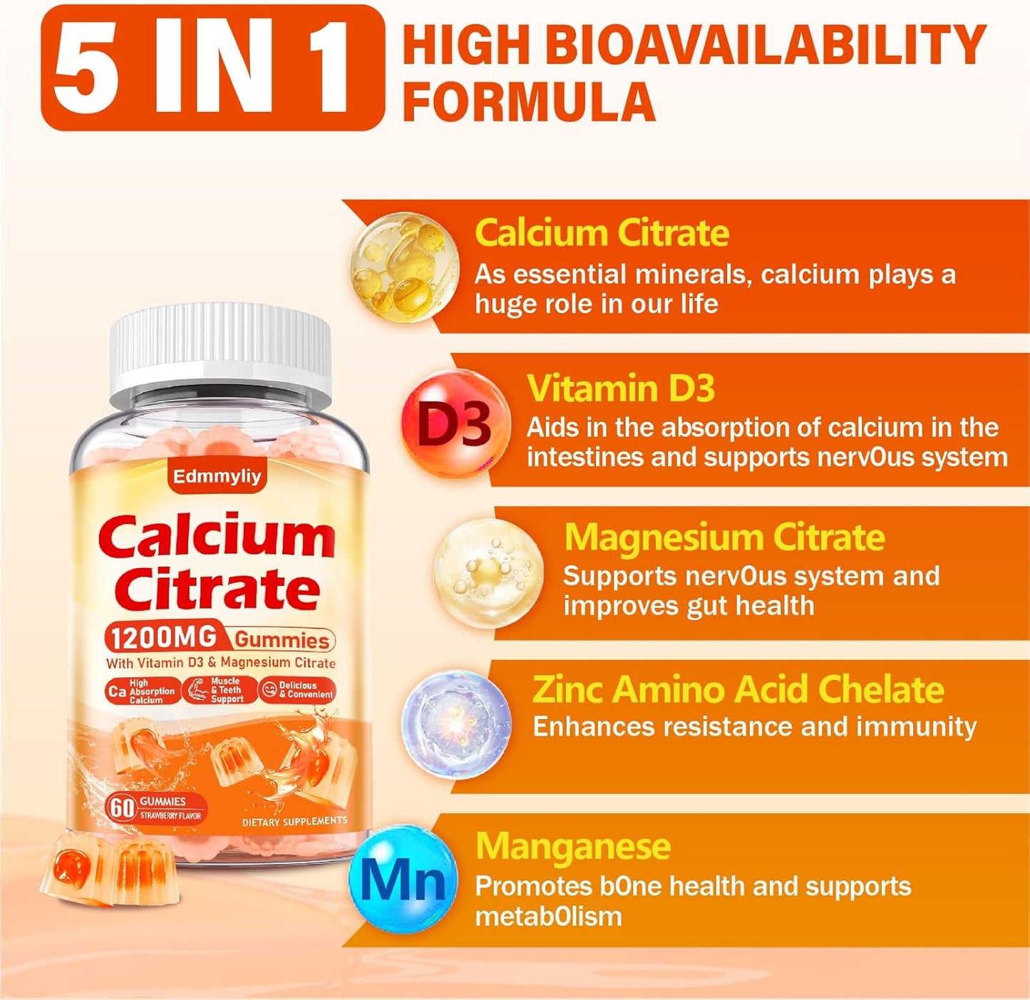 Organic Sugar-Free Calcium Citrate Gummies with Magnesium and Vitamin D3 for Adults - Chewable Calcium Supplements for Men and Women
