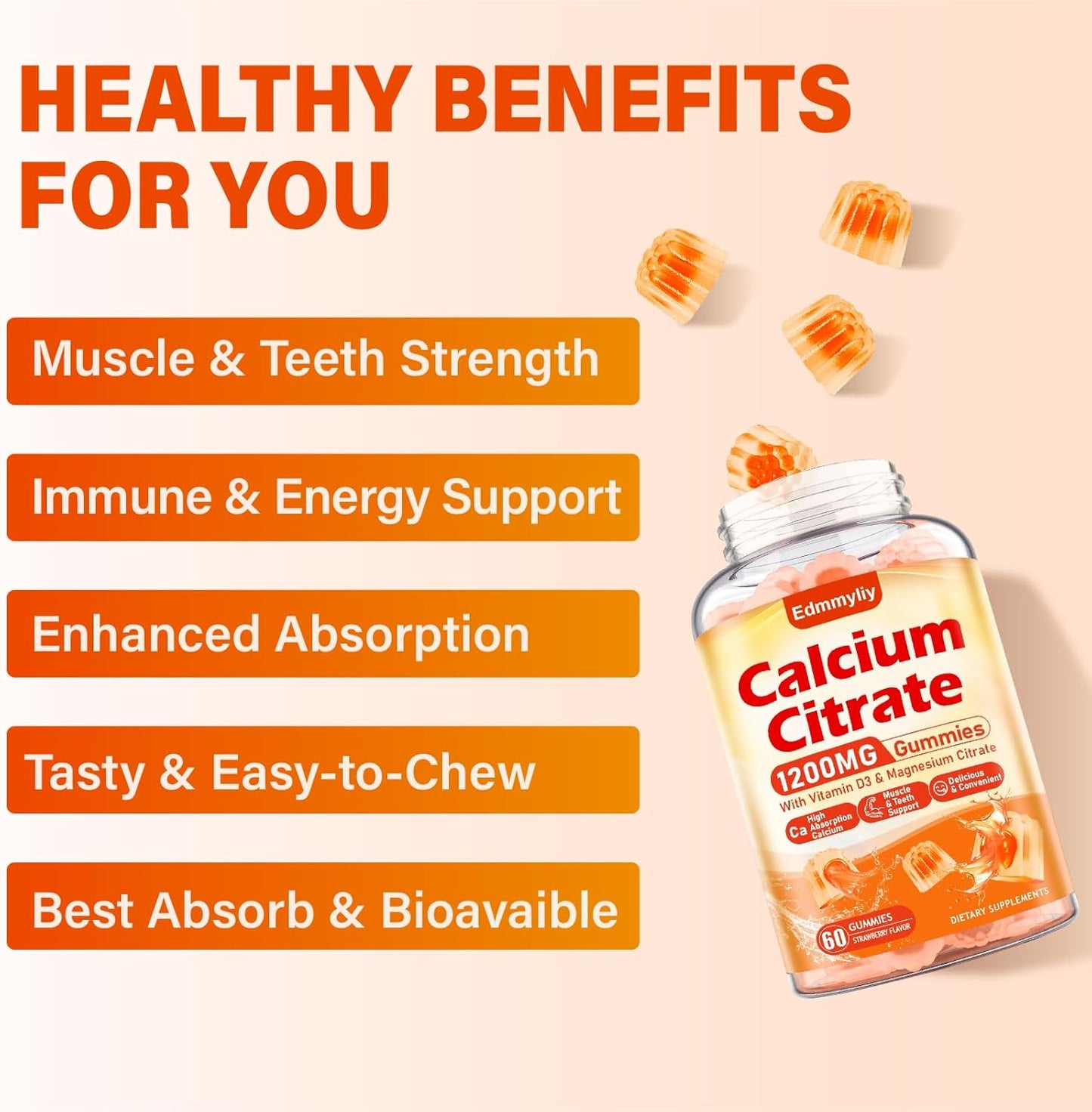 Organic Sugar-Free Calcium Citrate Gummies with Magnesium and Vitamin D3 for Adults - Chewable Calcium Supplements for Men and Women