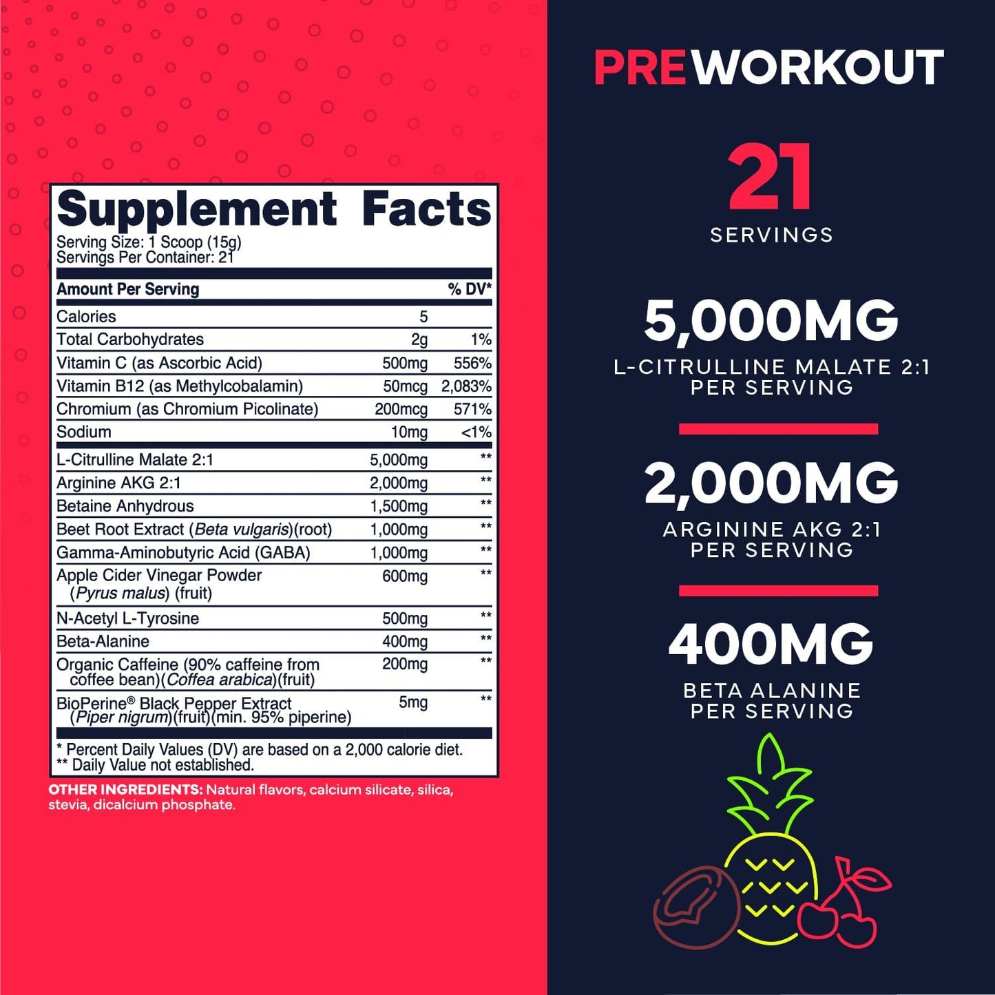 Organic Sugar-Free Pre-Workout Powder with Beet Root, L-Arginine, and L-Citrulline for Men & Women, Fruit Punch Flavor (11.3 oz)