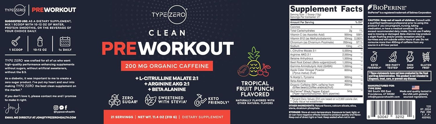 Organic Sugar-Free Pre-Workout Powder with Beet Root, L-Arginine, and L-Citrulline for Men & Women, Fruit Punch Flavor (11.3 oz)