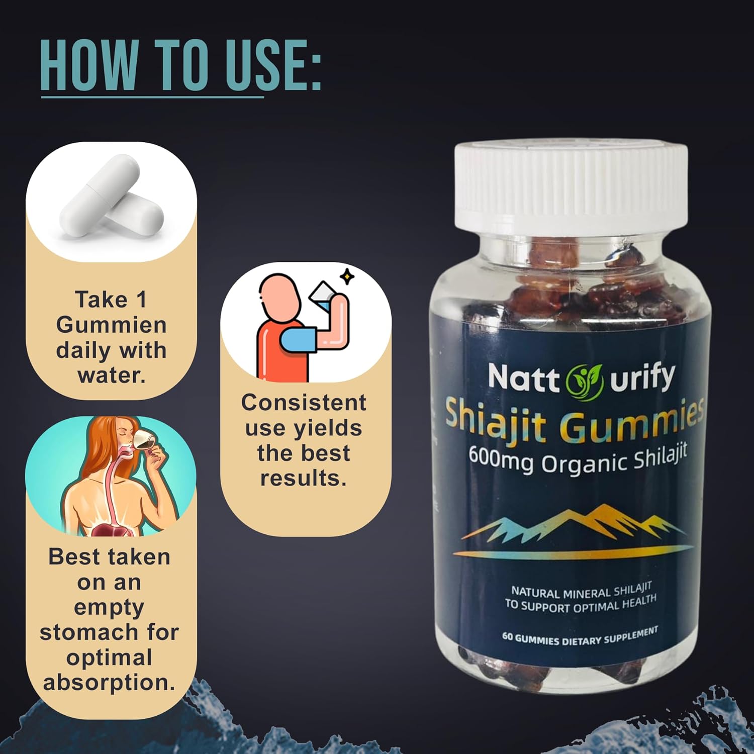 Organic Sugar-Free Shilajit Gummies - 600mg Per Serving - Daily Supplement for Adults - One-Month Supply - NATTURIFY