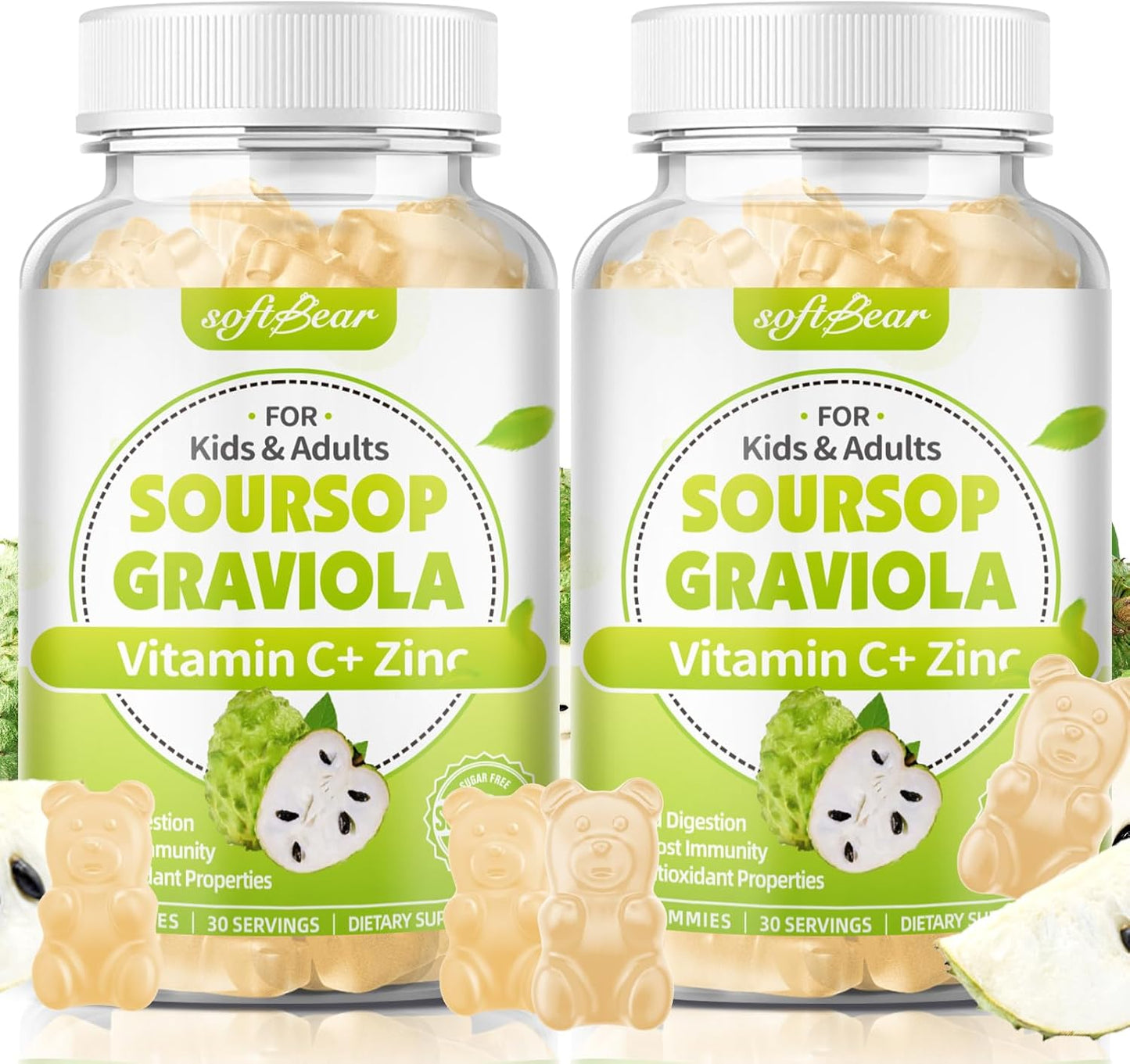 Organic Sugar-Free Soursop Gummies with Vitamin C & Zinc - 2000mg Soursop Extract for Immunity Support - 120 Count