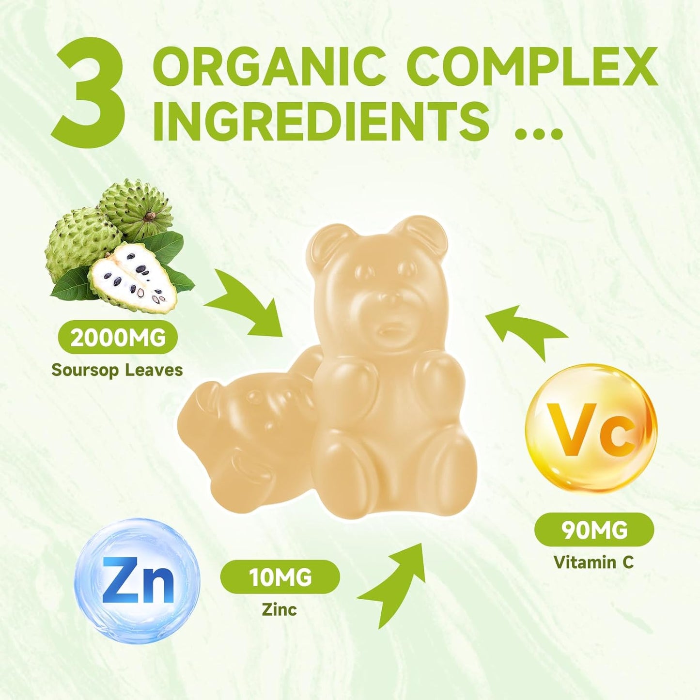 Organic Sugar-Free Soursop Gummies with Vitamin C & Zinc - 2000mg Soursop Extract for Immunity Support - 120 Count