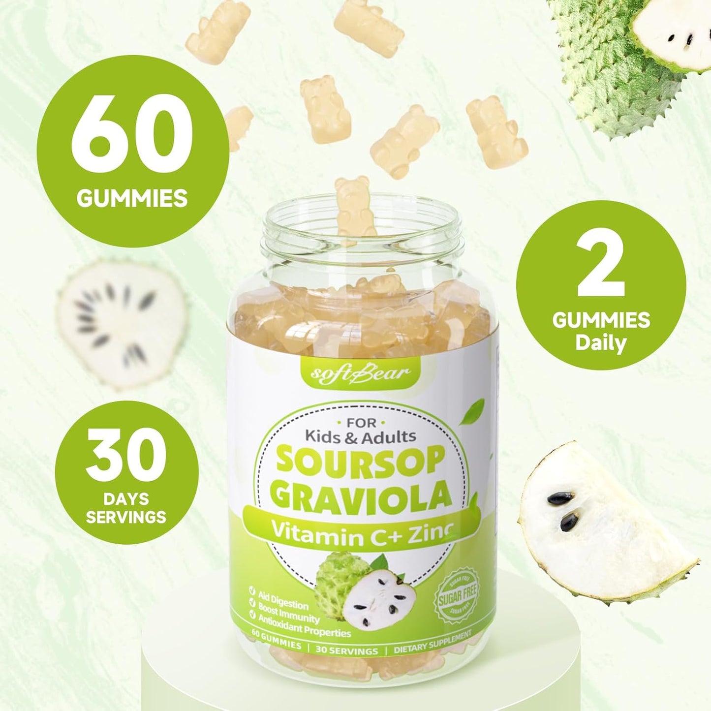 Organic Sugar-Free Soursop Gummies with Vitamin C & Zinc - 2000mg Soursop Extract for Immunity Support - 120 Count
