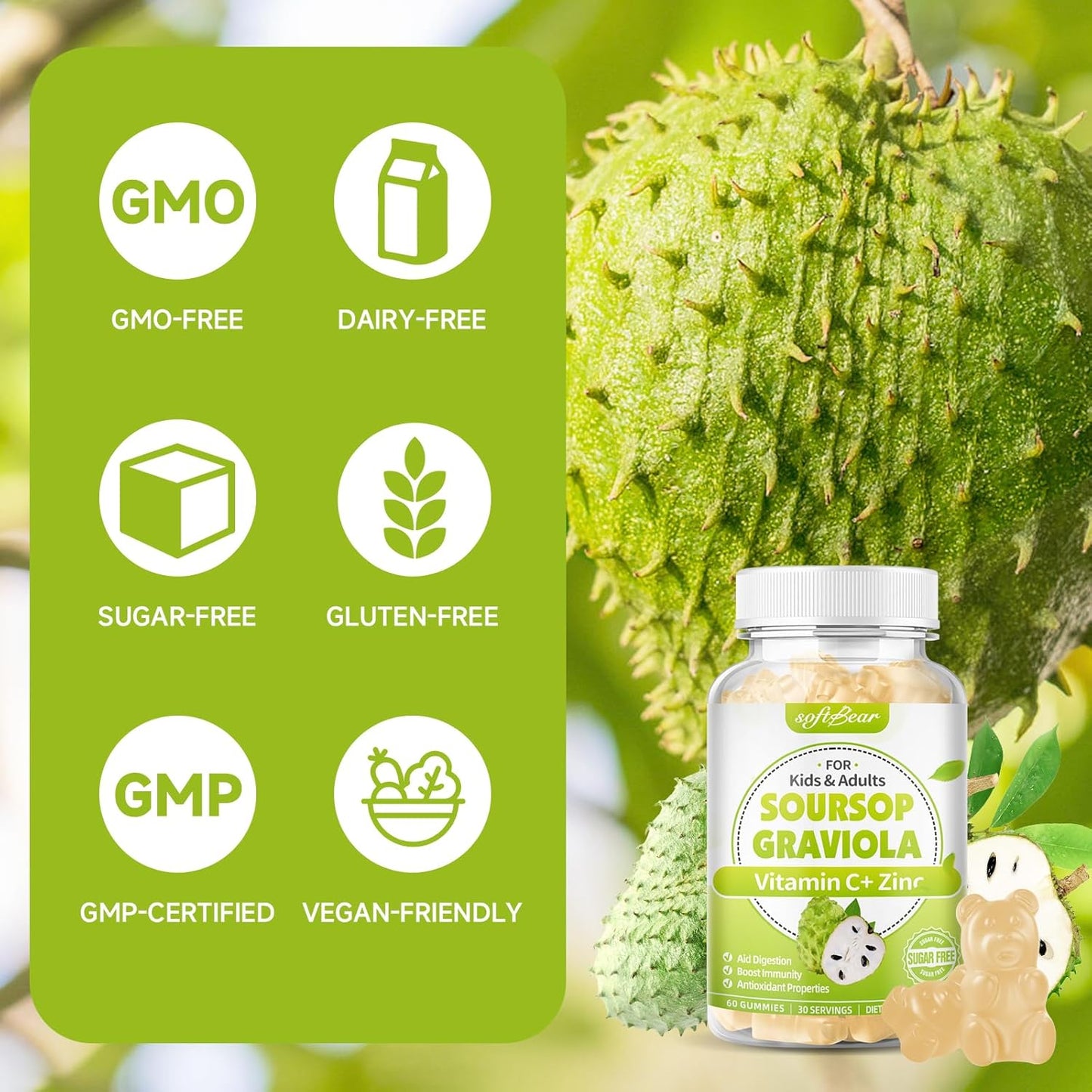 Organic Sugar-Free Soursop Gummies with Vitamin C & Zinc - 2000mg Soursop Extract for Immunity Support - 120 Count