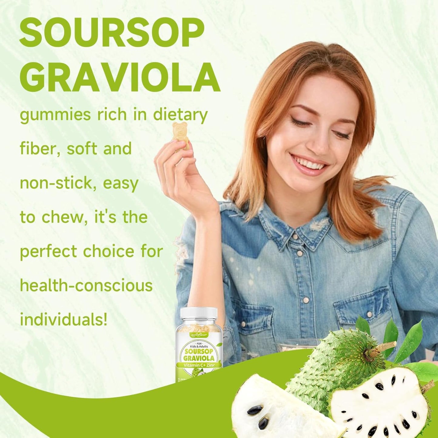 Organic Sugar-Free Soursop Gummies with Vitamin C & Zinc - 2000mg Soursop Extract for Immunity Support - 120 Count