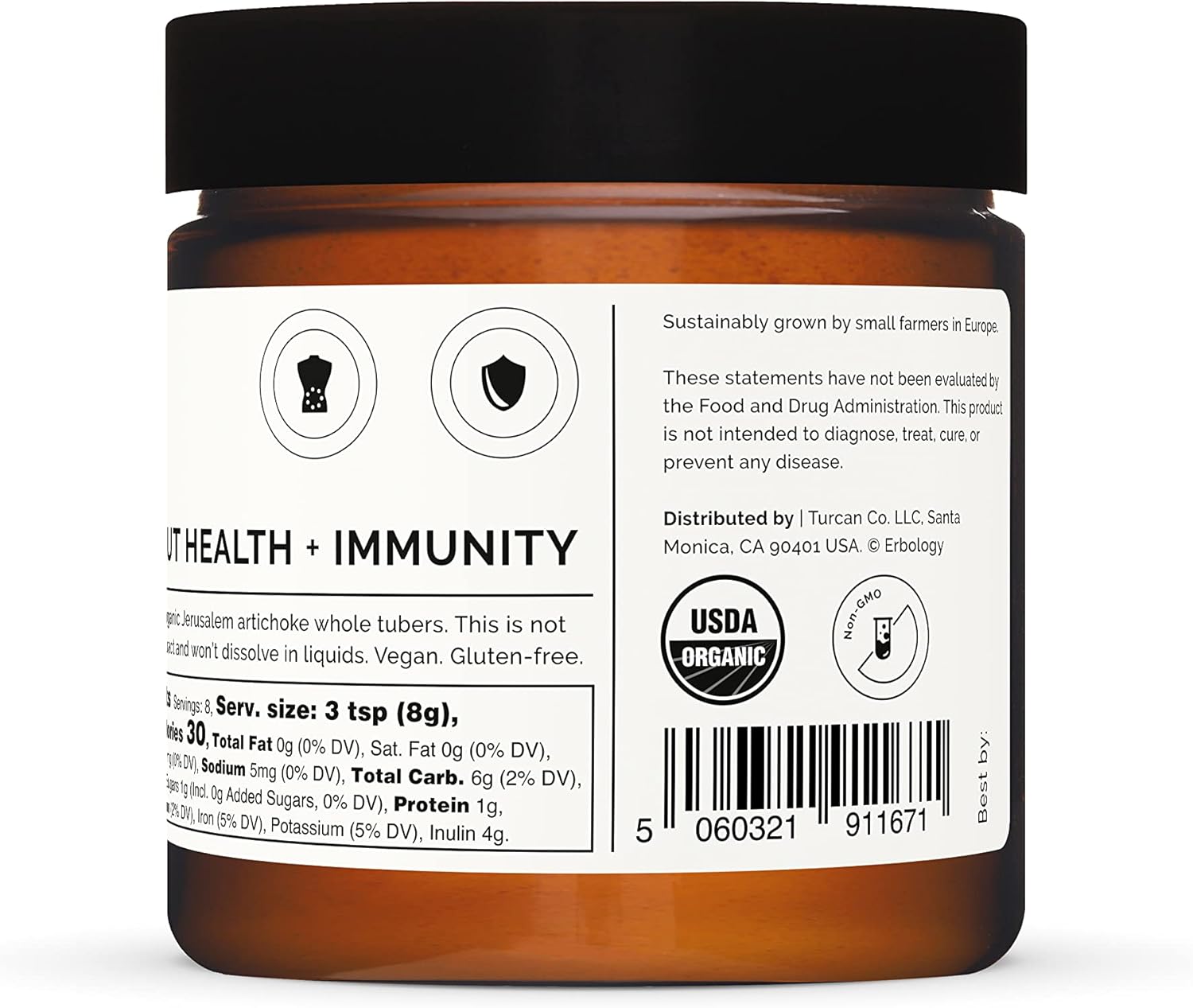 Organic Sunchoke Powder 2.1 oz - 30 Servings - 50% Prebiotic Inulin Fiber - Gut Health Support - Vegan - Gluten-Free - GMO-Free