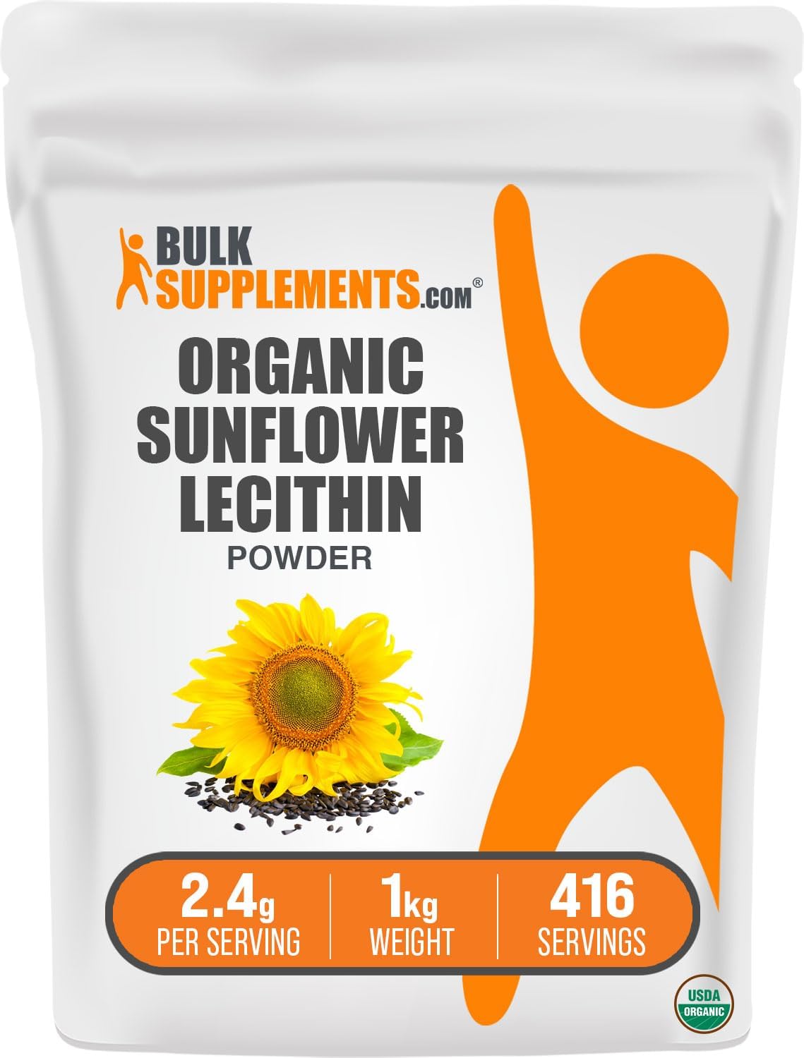 Organic Sunflower Lecithin Powder - Vegan & Gluten Free Supplement, Food Grade Lecithin Powder, 2400mg per Serving, 1kg (2.2 lbs) - BulkSupplements