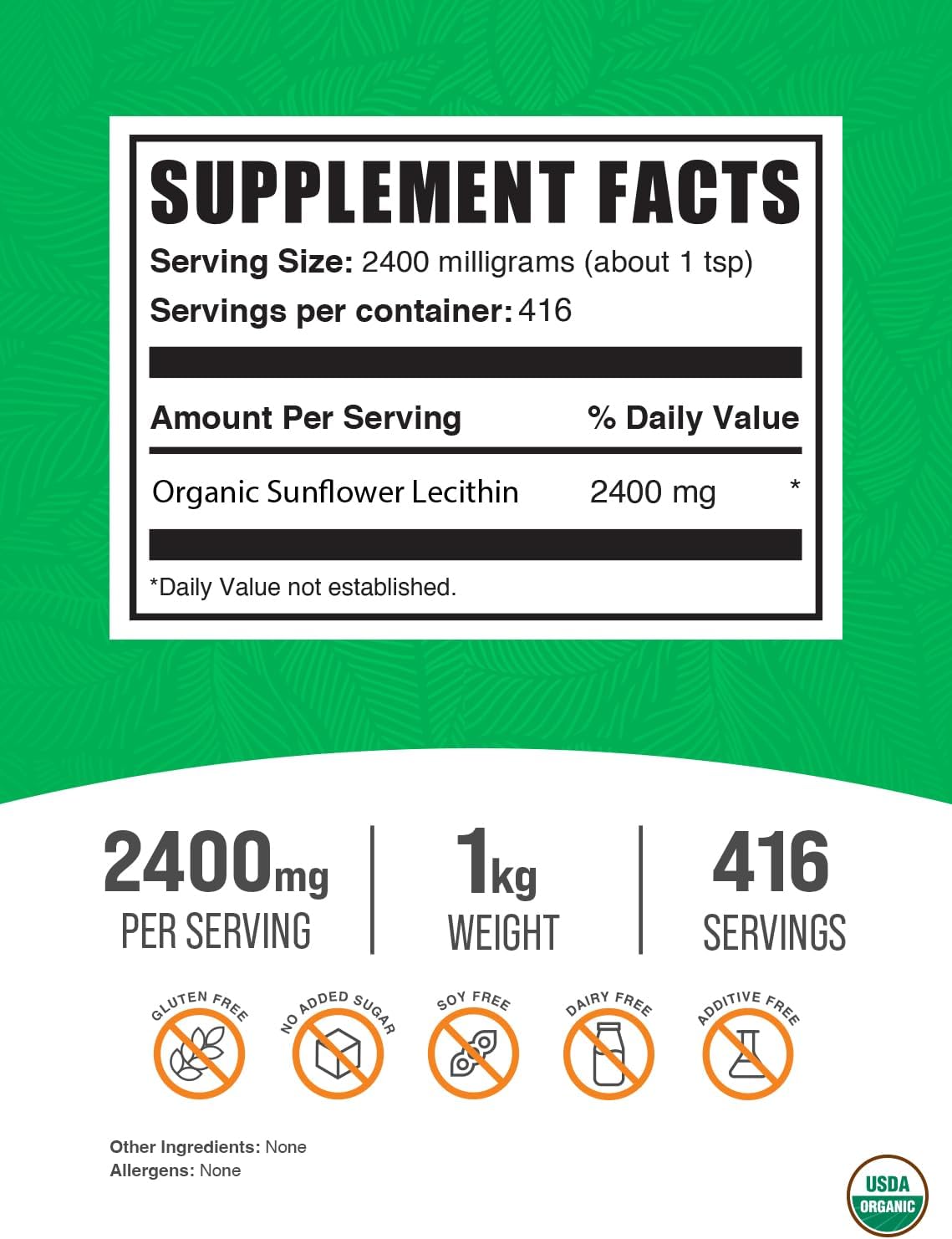 Organic Sunflower Lecithin Powder - Vegan & Gluten Free Supplement, Food Grade Lecithin Powder, 2400mg per Serving, 1kg (2.2 lbs) - BulkSupplements