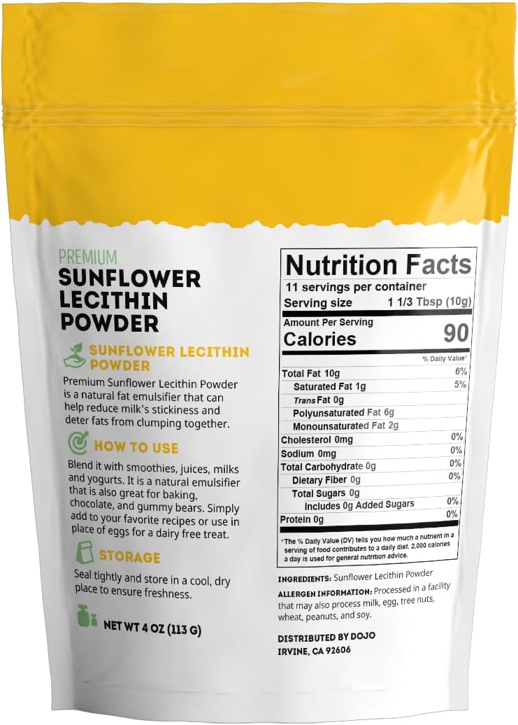 Organic Sunflower Lecithin Powder for Baking & Cooking - Non-GMO Lactation Supplement - 4 oz Substitution for Soy Lecithin